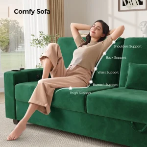 87-Large Loveseat Sofa, 3 Seater Couch with Storage, Velvet Fabric Deep Seat Sofa with Pillow& Cup Holders, Modern Comfy Sofa with USB& Type-C Ports, Home Sofa Couch for Living Room Bedroom