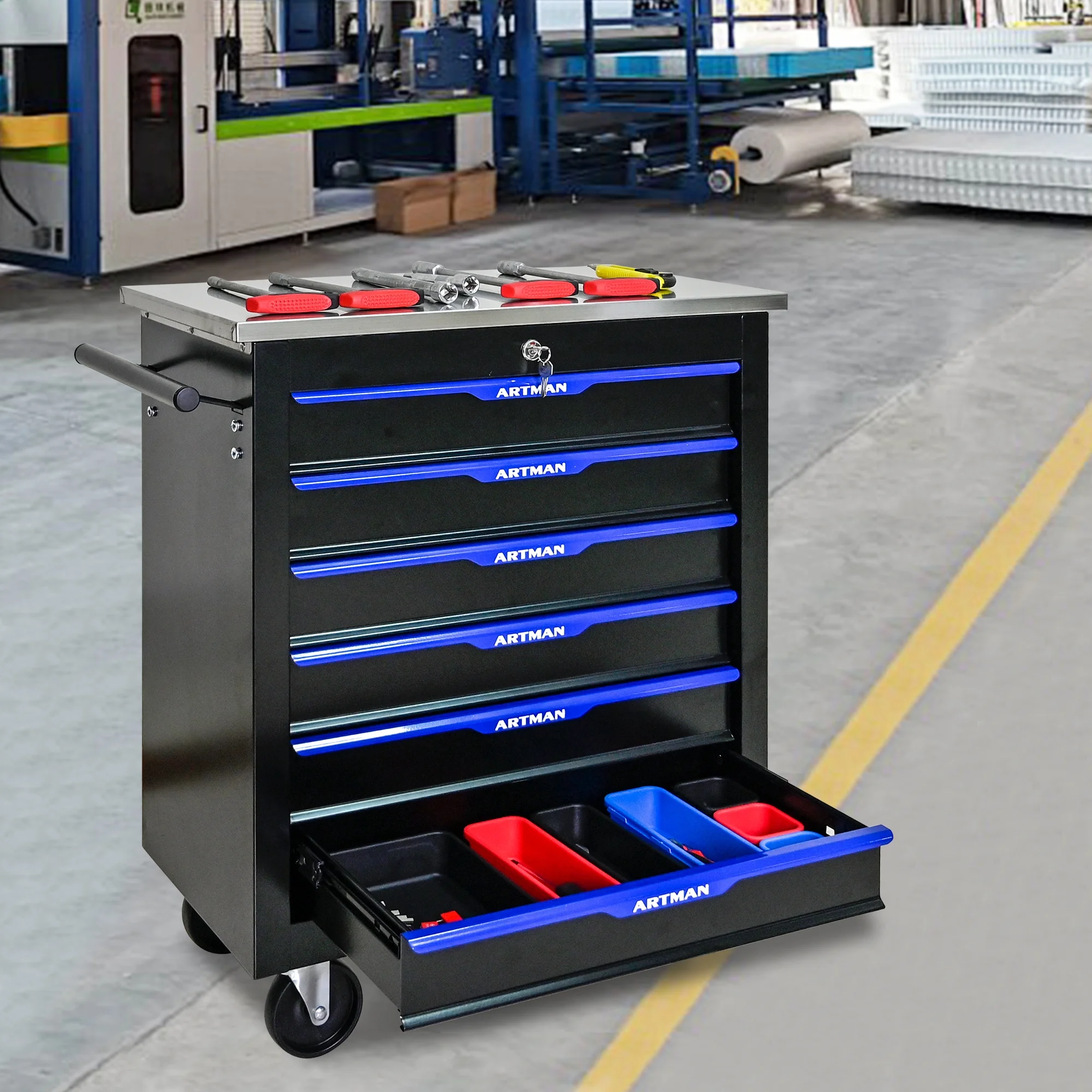 Aukfa Composable 25.9 in Tool Chest with 7 Drawers&7 Plastic Storage Box for Workshop Garage, Black