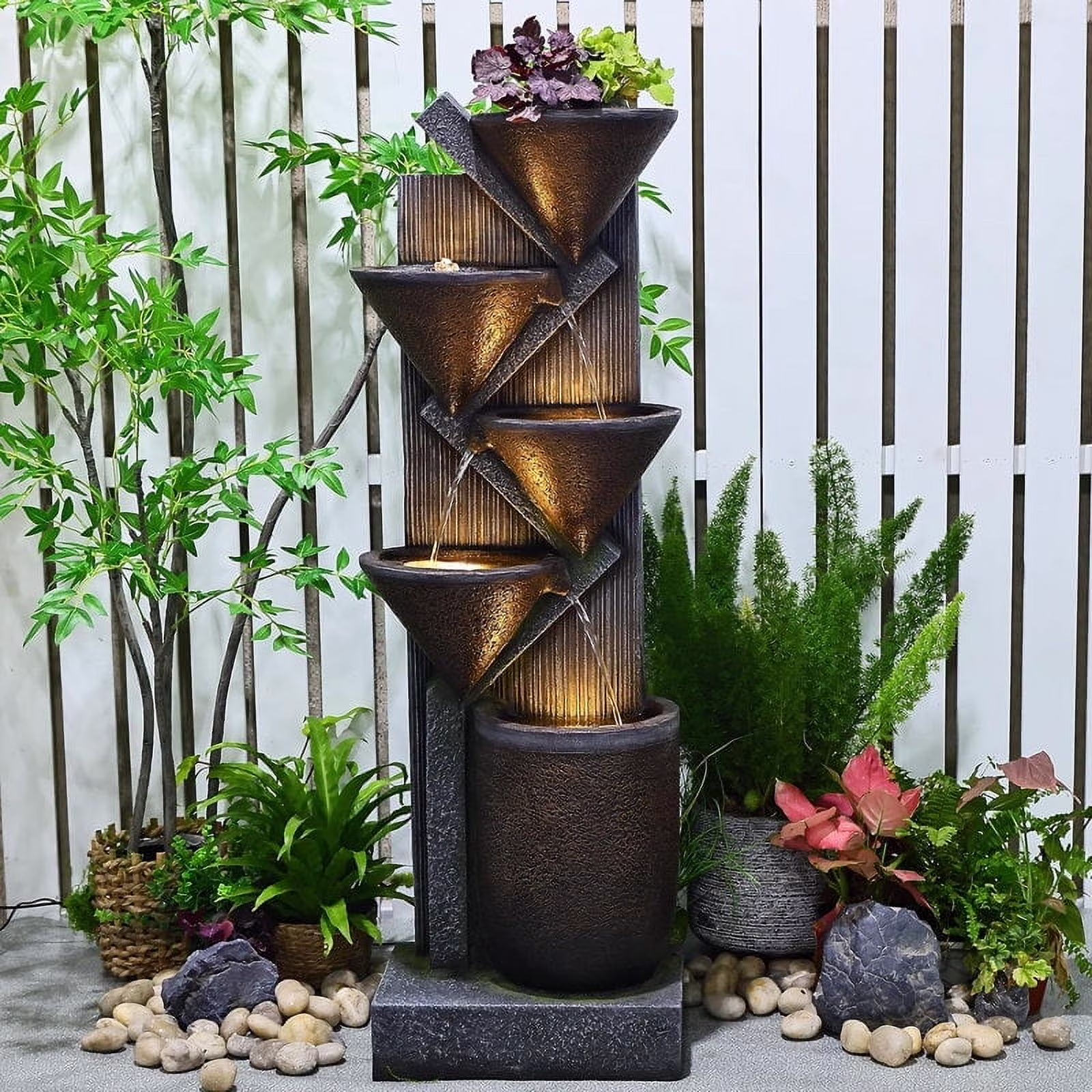 Waterfall Fountain 5-Tier Floor Standing Water Fountains with LED Lights for Garden, Living Room, Patio, Home Decor