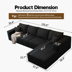 107.5" Cloud Modular Sectional Sofa Couch with L-Shape Chaise,Modern Minimalist Upholstered Couches for Living Room Bedroom,Deep Seat Corner Couch .No Assembly Required (Black,Left Facing Chaise)