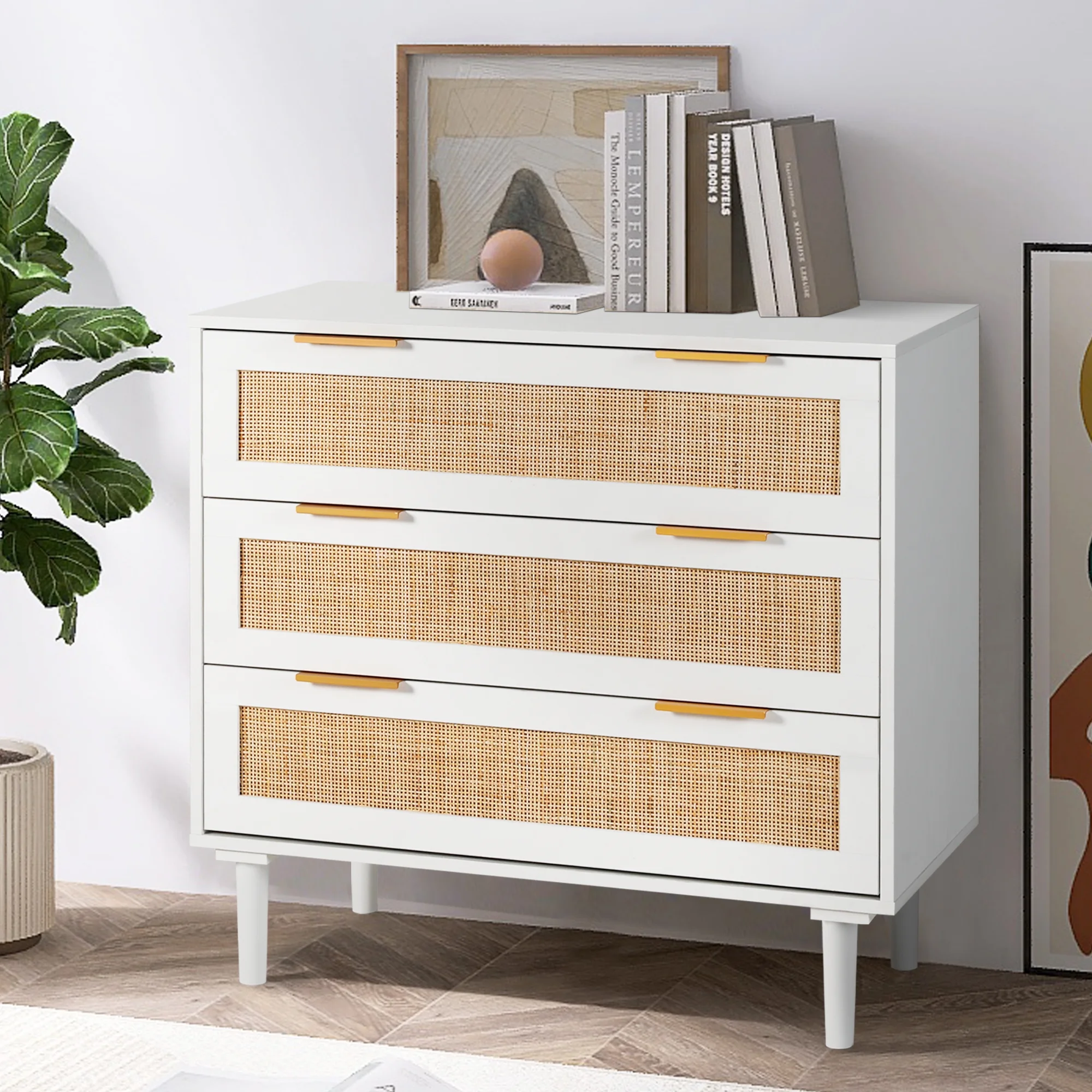 LAZZO 3 Modern Drawer Dresser Rattan, Wooden Dresser Chest of Large Storage Cabinet