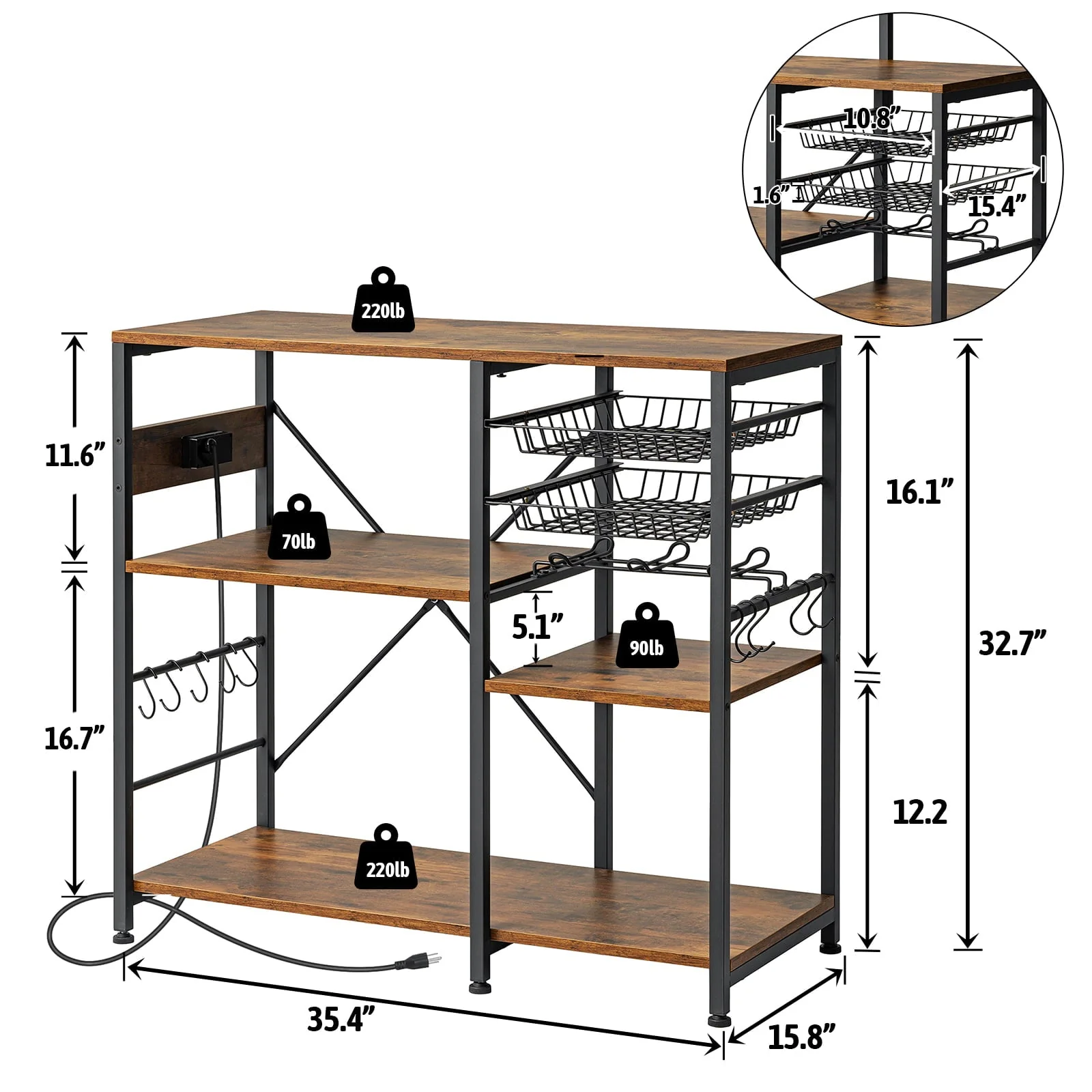 Dinaza Baker's Rack with Power Outlet 4 Tier Microwave Stand with Kitchen Storage Shelf Rack Mug Holder 10 S-Shaped Hooks for Kitchen Living Room Coffee Bar Station