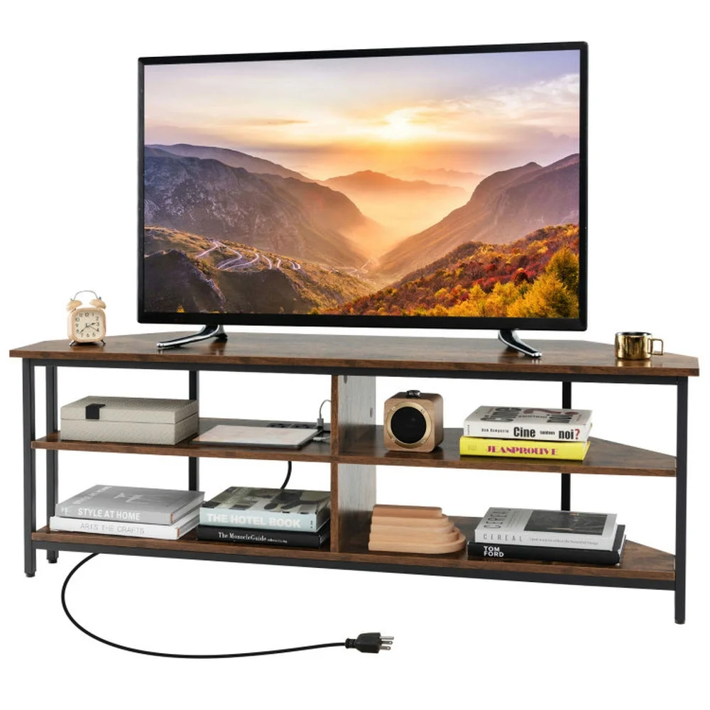 Canddidliike 3-Tier Corner TV Stand for TVs up to 65 Inches with Charging Station- Rustic Brown, Cabinet Media Console with Storage for Living Room Bedroom