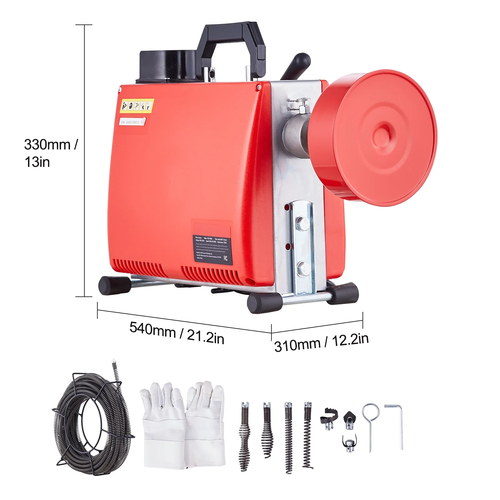 KFFKFF Electric Drain Cleaning Machine, 66FT x 5/8 Inch, 250W, Manual Operation - Includes 7 Cutting Heads, Dual Steel Cables & Directional Control, Suitable for 1.6"-4" Pipes
