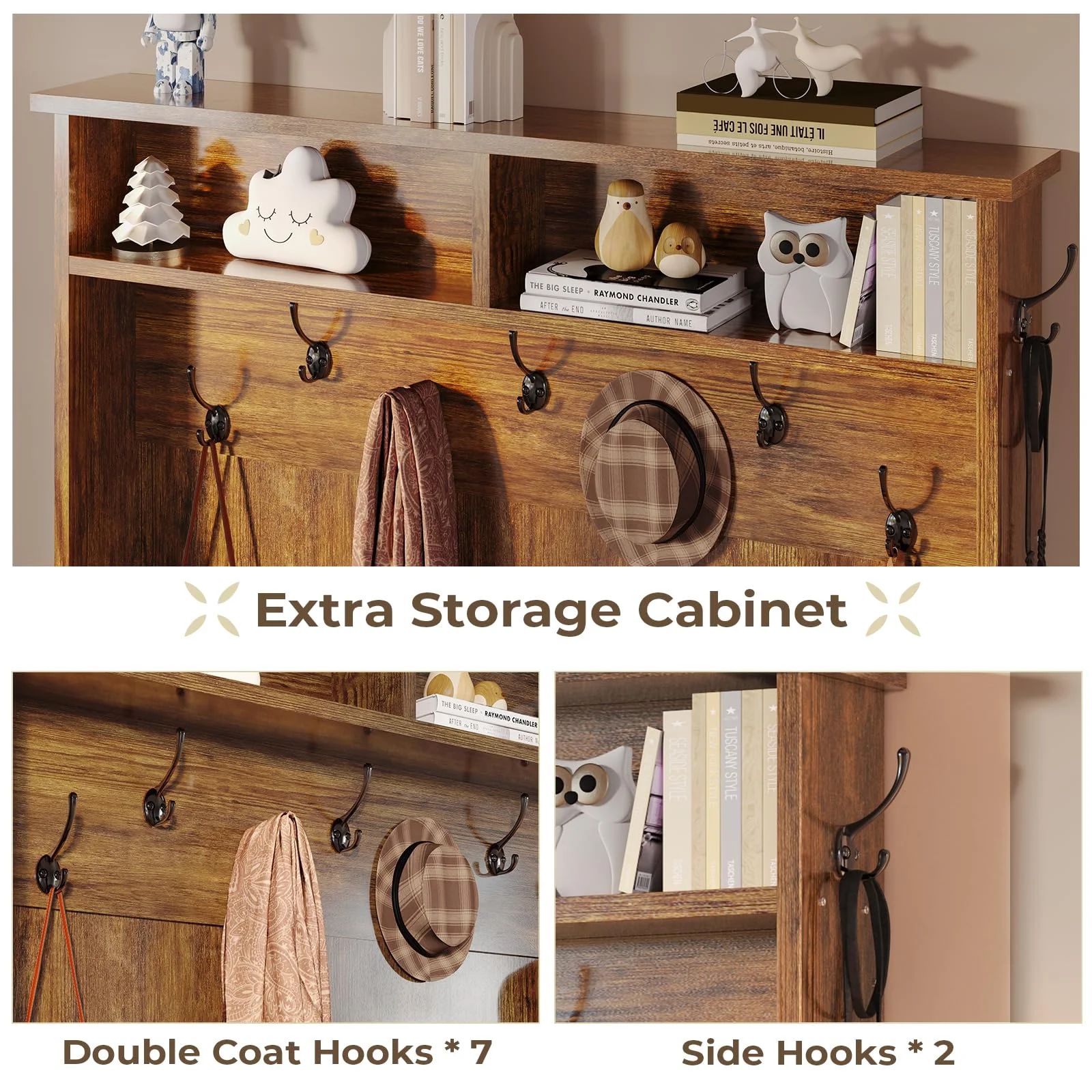 5-in-1 Entryway Bench with Coat Rack, Hall Tree with Bench and Shoe Storage, Rustic Brown
