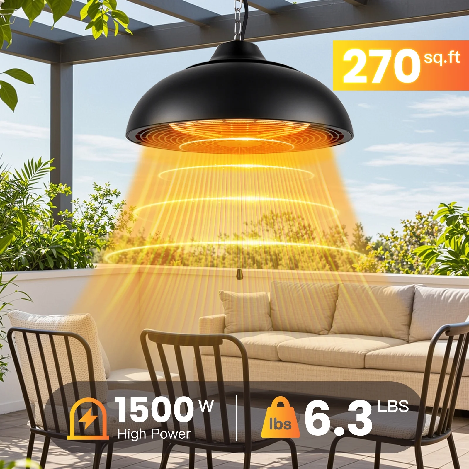 Advwin Outdoor Patio Heater,1500W Electric Hanging Patio Heater 3S Fast Heating,Ceiling Mounted Heater for Balcony,Courtyard, Garage,Overheat & Tip-Over Protection 3 Adjustable Modes,IP55 Waterproof