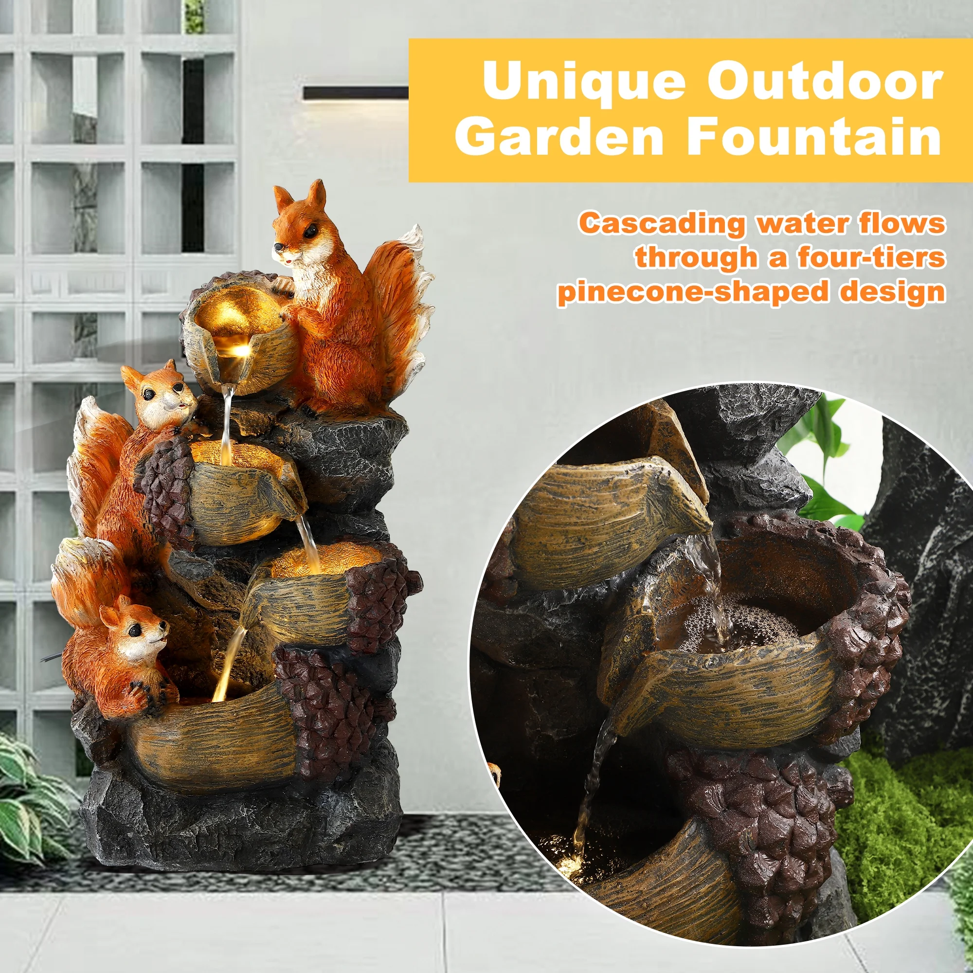 Magic Union Outdoor Water Fountain, Waterfall Indoor Outside Cascading Rock Fountain Garden Decor with Squirrels Decorations, 3 Pinecone-Shaped Rocks Patio Resin Fountains for Yard, Porch and Home