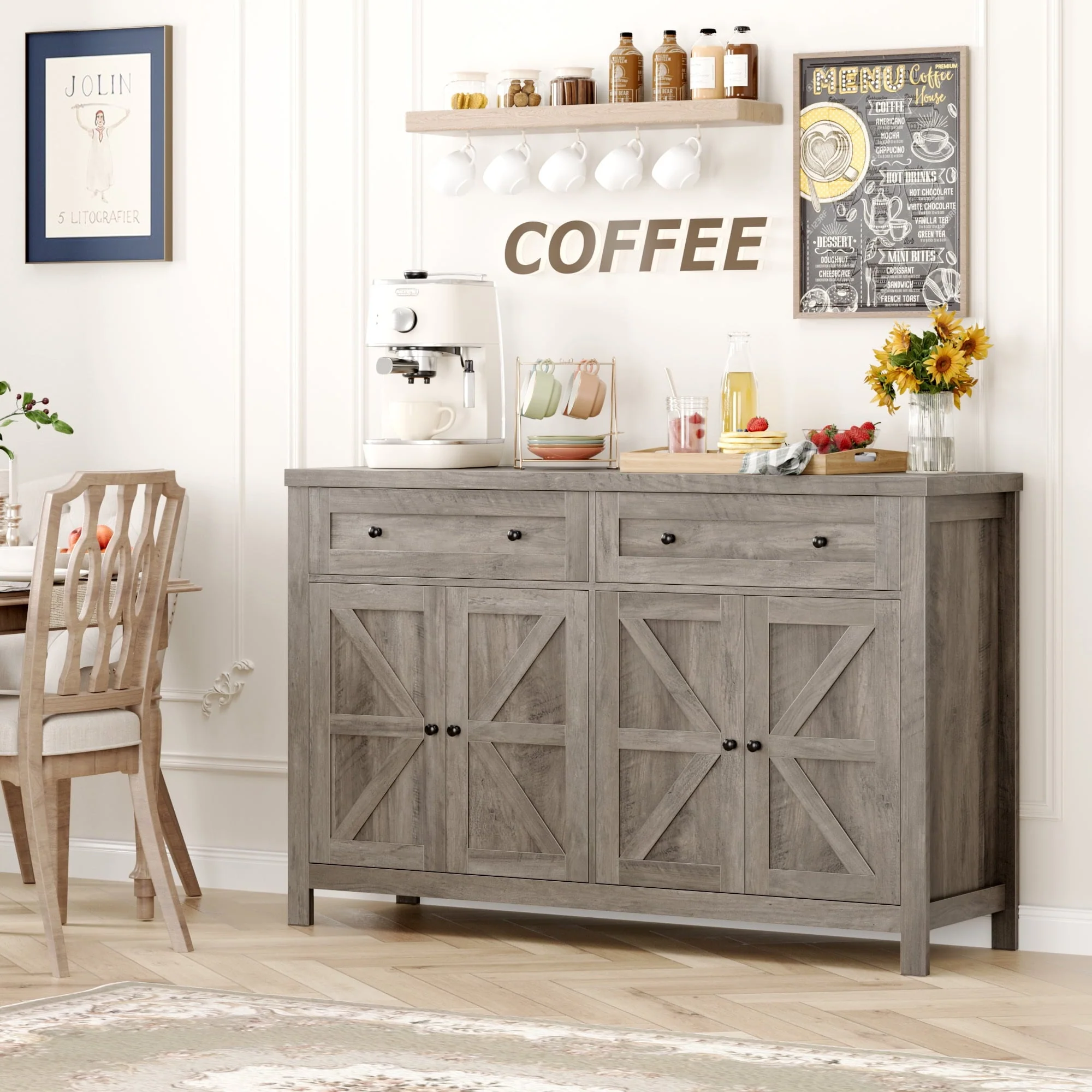 Homfa Farmhouse Kitchen Storage Cabinet, 4-Doors 2-Drawers Wood Buffet Sideboard for Dining Room Living Room, Gray