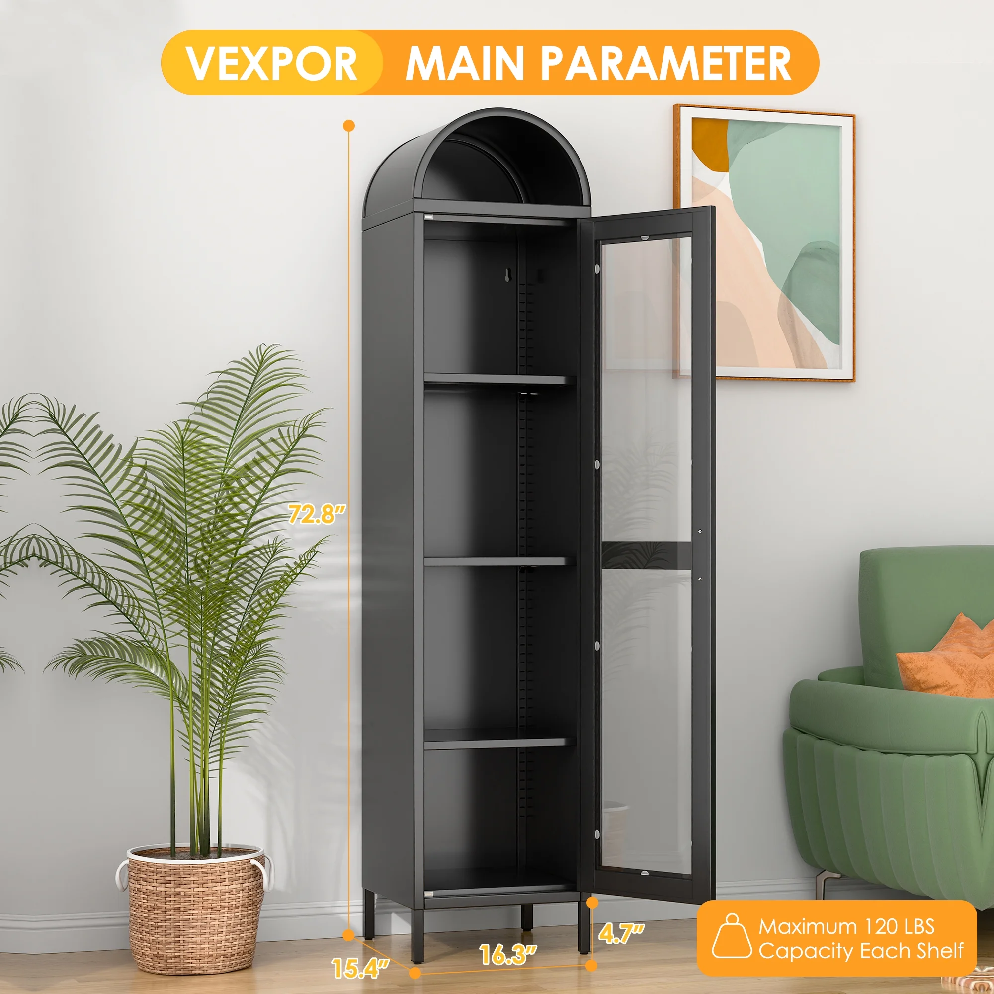 SUXXAN Metal Arched Storage Display Lockable Cabinets with Glass Doors and Adjustable Shelves, Assembly Required, Black
