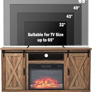 AMERLIFE Fireplace TV Stand with Sliding Barn Door for TVs up to 73", Farmhouse 63" Fireplace Entertainment Center with Storage Cabinets/Adjustable Shelves