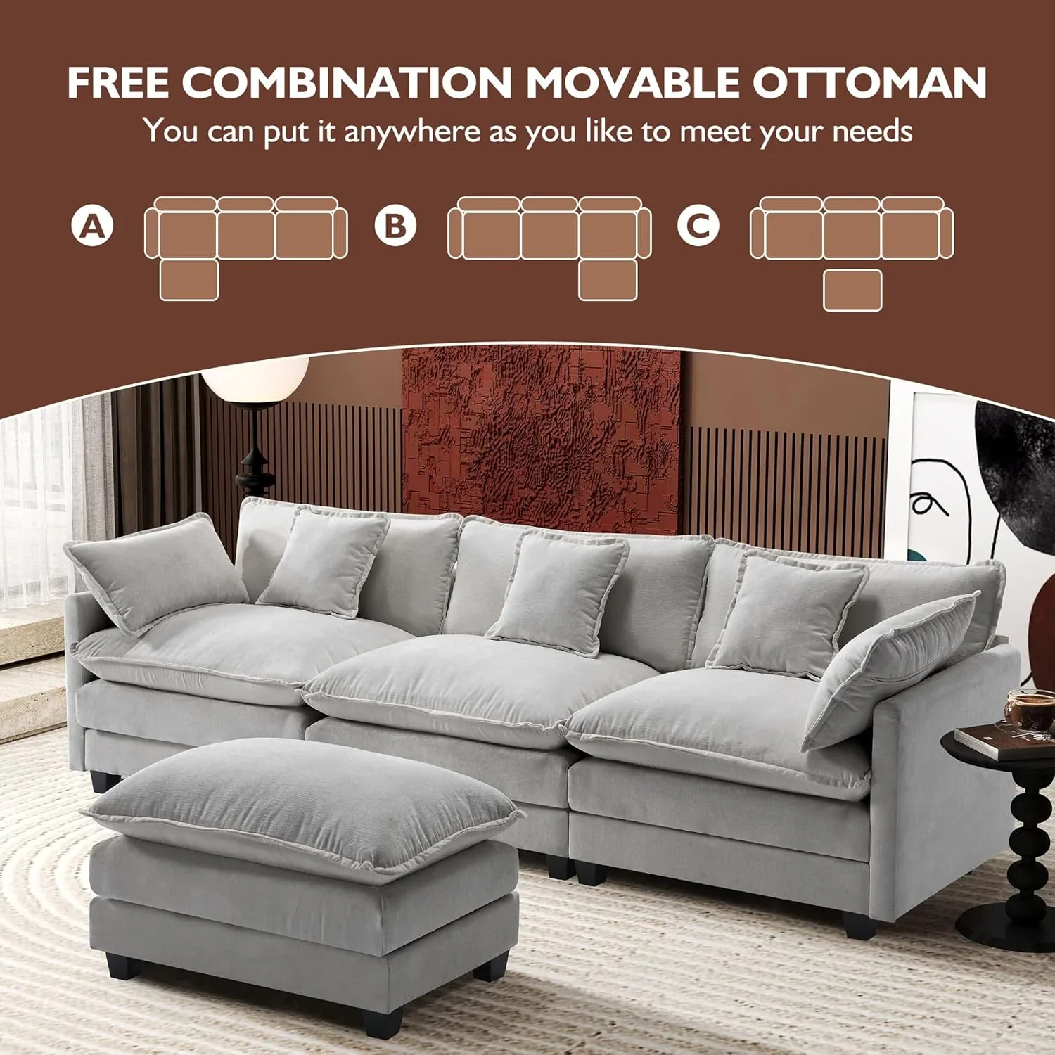 Ihanherry 146" U-Shaped Modern Sofa Modular Sectional Cloud Couch with 2 Ottoman, 6-Seat Chenille Deep Seat Sofa with 6 Pillows for Living Room, Bedroom and Apartment, Grey
