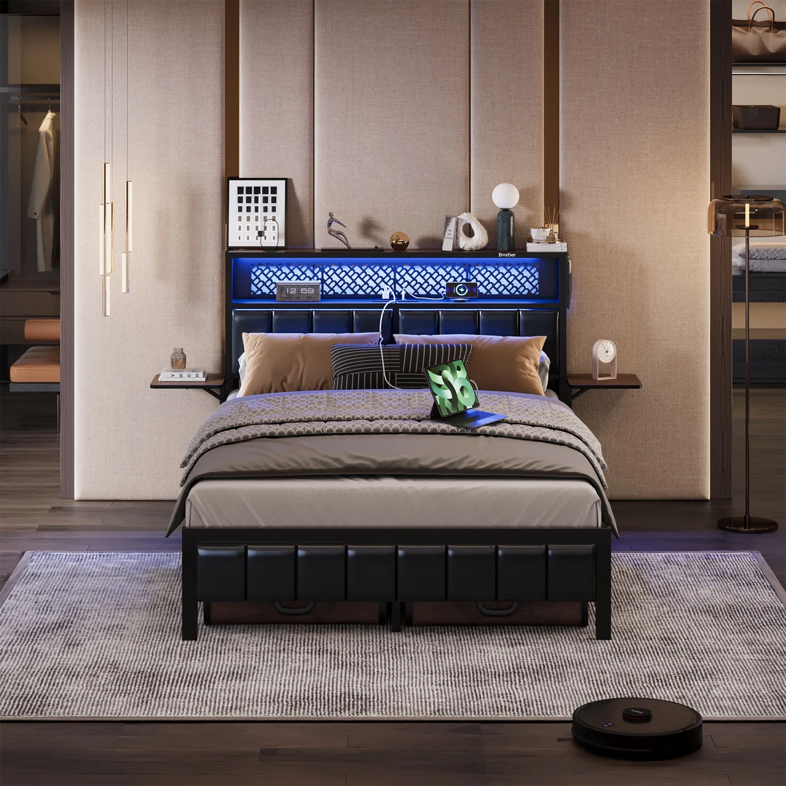 Bestier Queen Size Platform Bed Frame with Wood Foldable Bedside Shelves and LED Storage Headboard Charge Station, Gray
