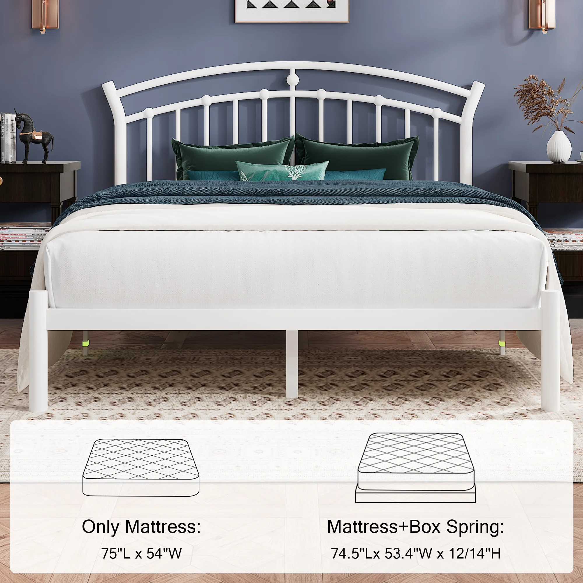 Virans Full Size Metal Platform Bed With Victorian Style Headboard, Heavy Duty Steel Slat Support, 12"Under Bed Storage,Easy Assembly, Black