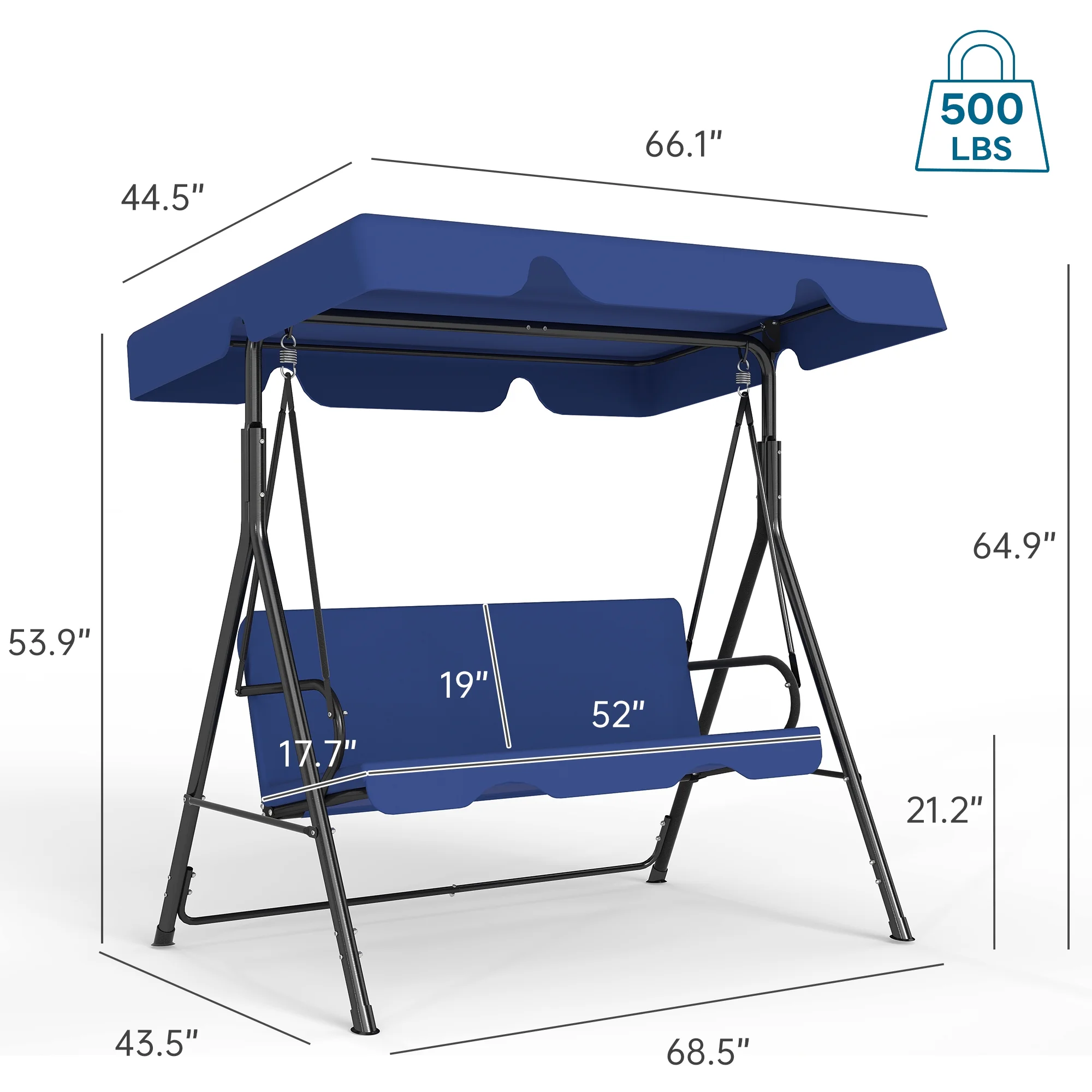 Melocadol 3 Seats Outdoor Porch Swing Glider, Patio Swing Chair with All Weather Covered Canopy and Rust Proof Heavy Duty Stand, for Garden, Lawn, or Backyard, Black