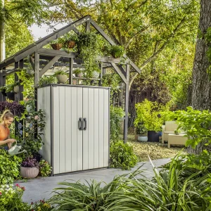 Keter Premier Tall Vertical Durable Resin Outdoor Storage Shed With Floor and Locking Double Doors, Grey