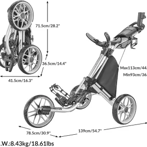 3Wheel Golf Push Cart - Golf Trolley Foldable Collapsible Lightweight Pushcart with Foot Brake - Easy to Open & Close