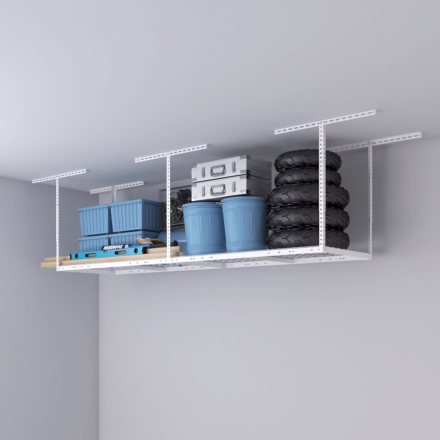 2ftx8ft Overhead Garage Storage Rack, Heavy-Duty Metal Garage Ceiling Storage Rack, 22''-40" Adjustable Ceiling Drop-Down, 400 lb. Loading Weight Capacity, White