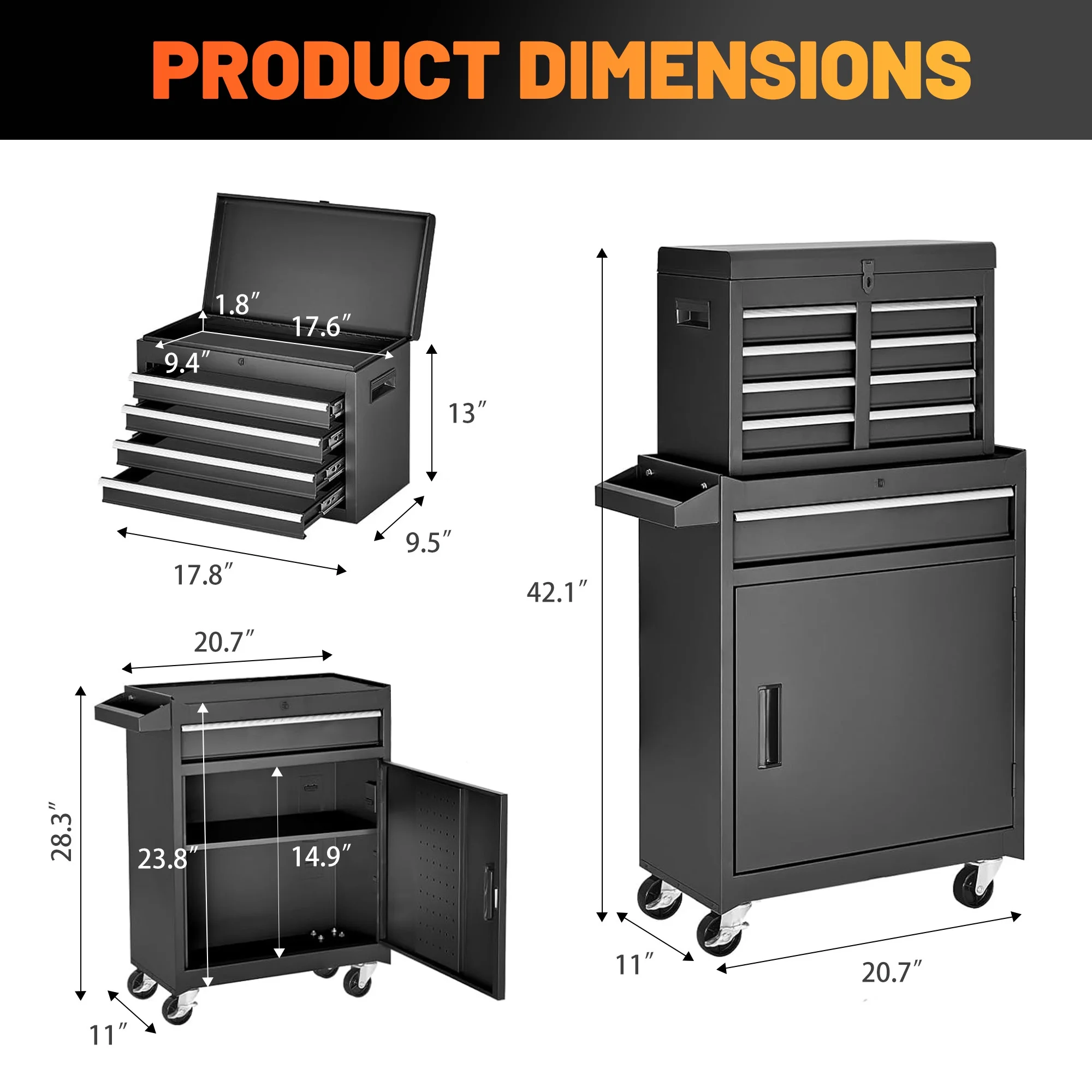 Rolling Tool Box, 5-Drawer Tool Chest On Wheels, Heavy Duty Garage Storage Cabinet with Top Box, 154pcs tools, Detachable Tool Organizer Lockable