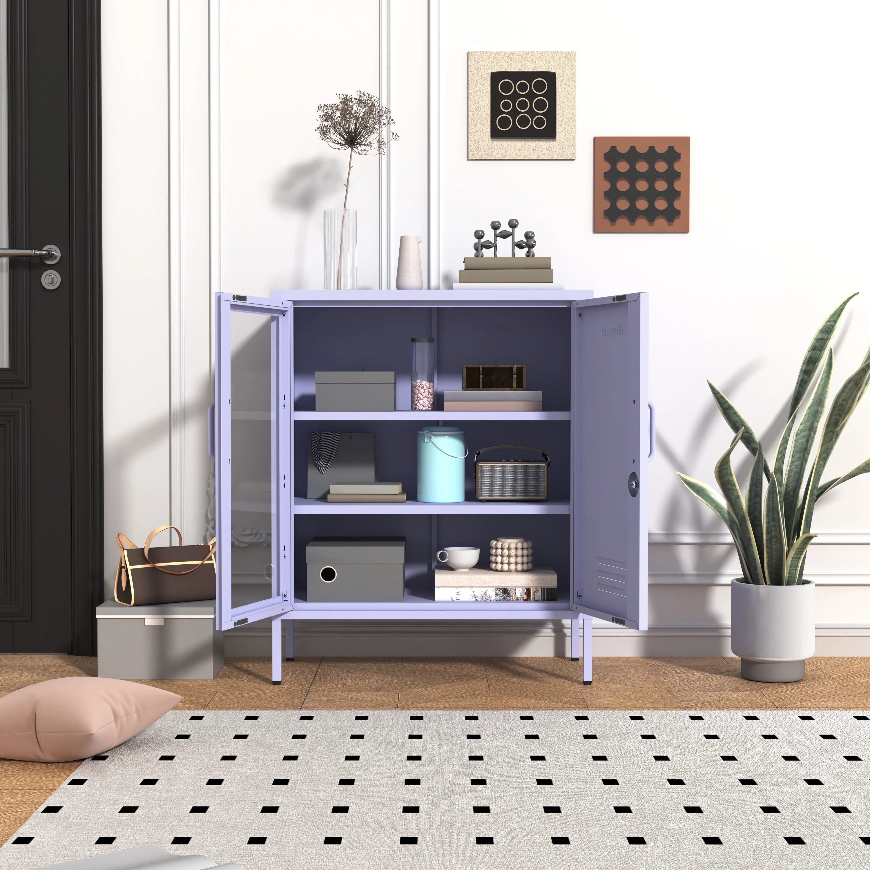 33 Inch Glass And Metal Storage Cabinet Adjustable Shelves 2 Door Lockable Lockers 3 Layer Multipurpose Lockers Laundry Room Or Utility Room Cabinet Home Purple Size- 33"H X 29.5"W X 13.8"D