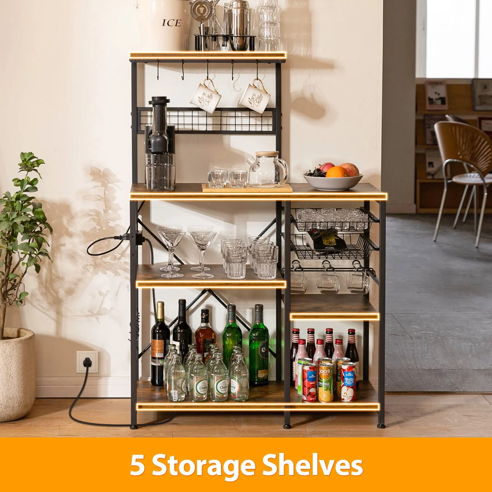 Dinaza Bakers Rack with Power Outlet 4/5 Tier Microwave Stand with Kitchen Storage Shelf Rack Mug Holder 10 S-Shaped Hooks for Kitchen Living Room Coffee Bar Station