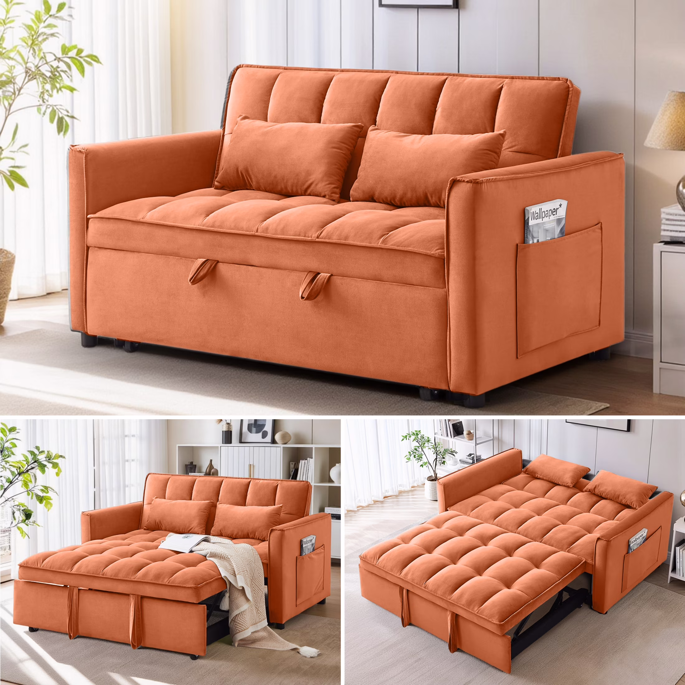 EPOWP Convertible Sofa Bed, 3 in 1 Pull Out Sleeper Loveseat Couch with Storage, Black