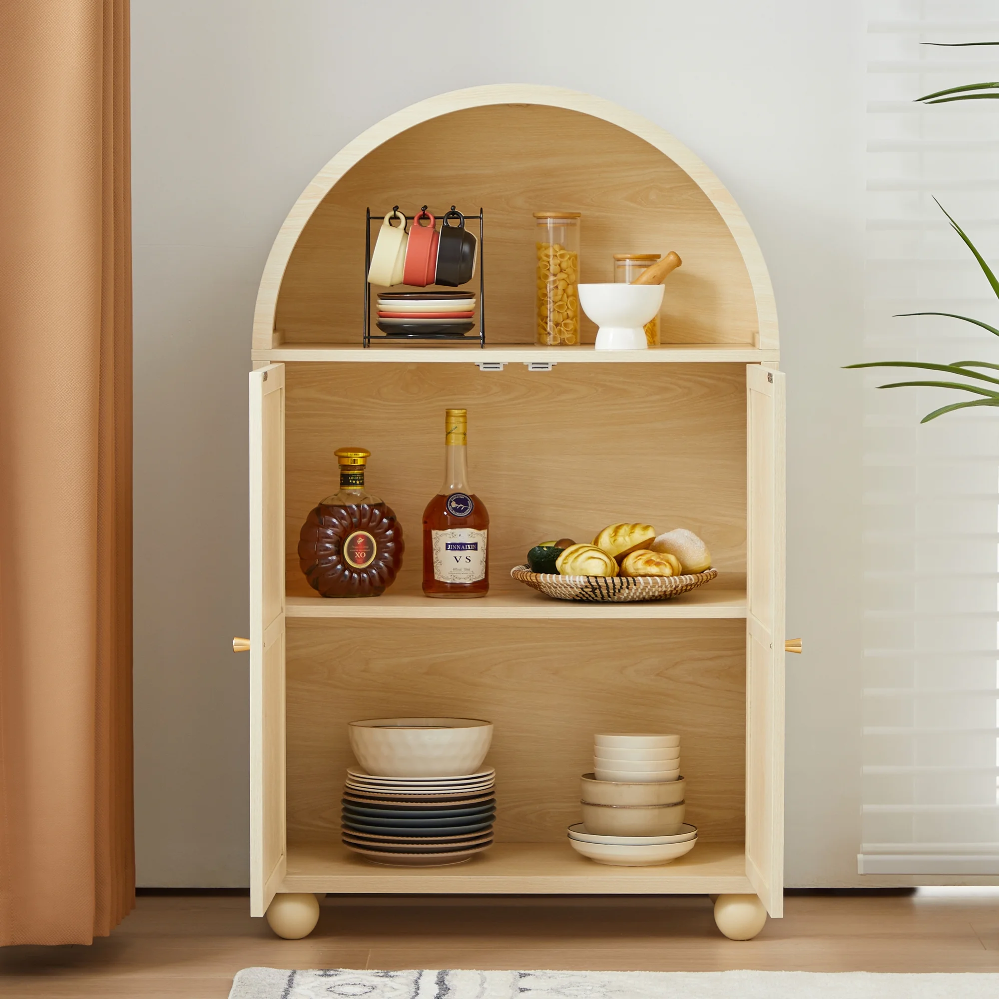 Wirrytor Arched Kitchen Storage Cabinet, Sideboard Buffet Cabinet with 2-Tier and 2 Doors, Black Sideboard, Kitchen Pantry Cabinet, Wooden Storage Cabinet for Living Room