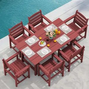 SERWALL 7-Piece Patio Table Set, Outdoor HDPE Dining Furniture with Umbrella Hole, All Weather Table and Chairs for Lawn, Garden, Poolside, Aruba