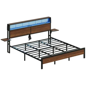 Bestier Queen Size Platform Bed Frame with Wood Foldable Bedside Shelves and LED Storage Headboard Charge Station, Gray