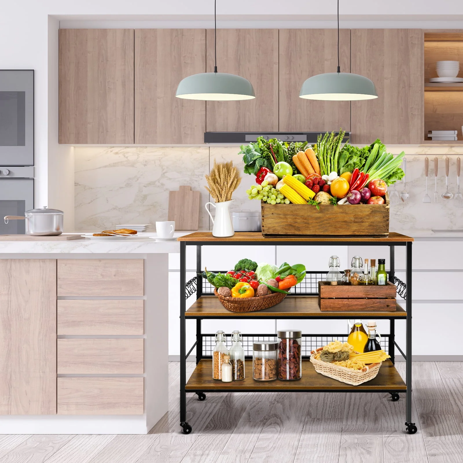 Cheflaud Rolling Kitchen Storage Cart Island with large open shelves and Large Worktop, 3-Tier Kitchen Baker’s Rack with 10 Hooks, Stable Steel Structure and Easy Assembly, Rustic Brown