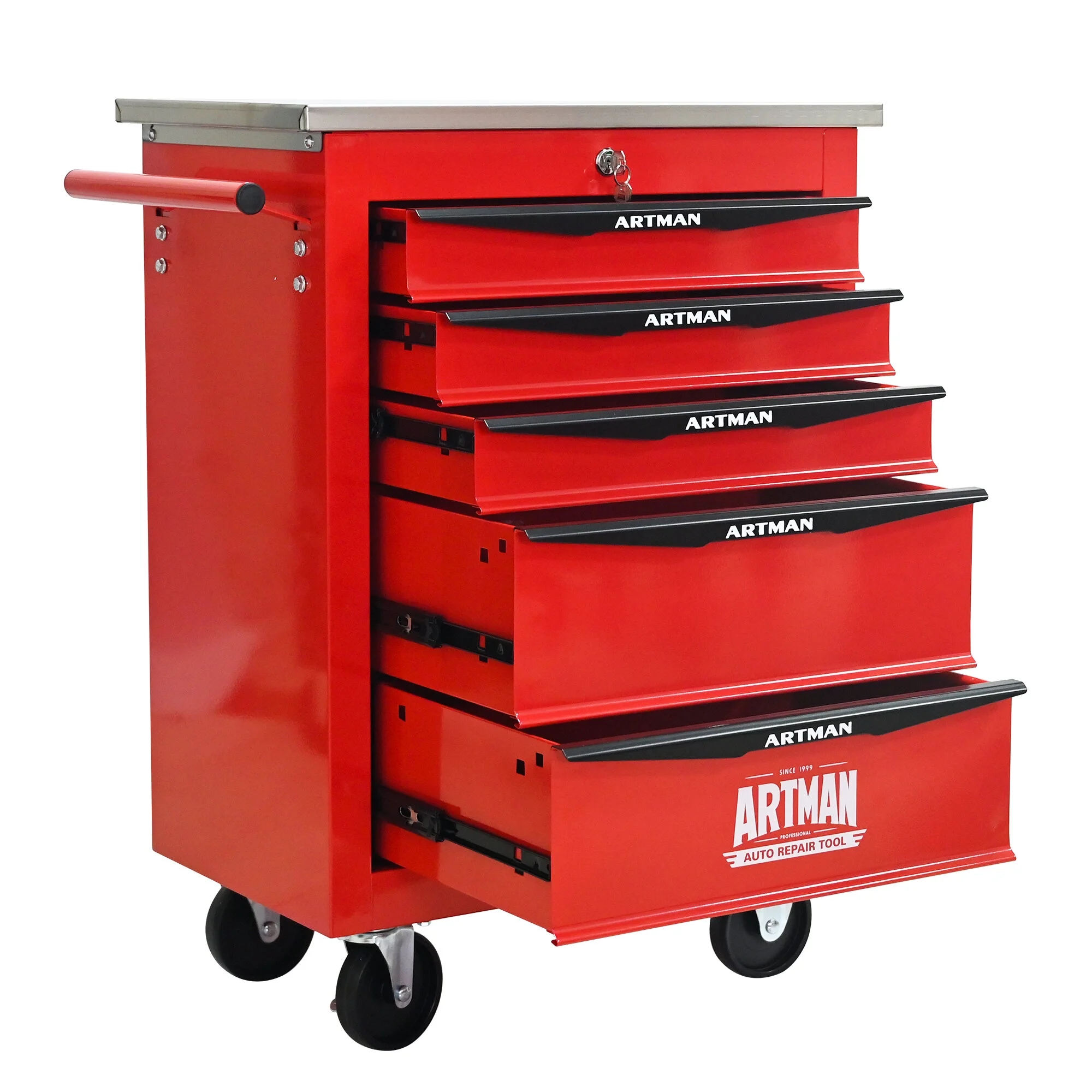 Tool Cabinets 4 Drawers Multifunctional Tool Cart with Wheels,Metal Rolling Tool Cart Storage for Garage Workshop Warehouse Repair Shop--With Stainless Steel Roof- Red&Black,Garage Tool Cabinets