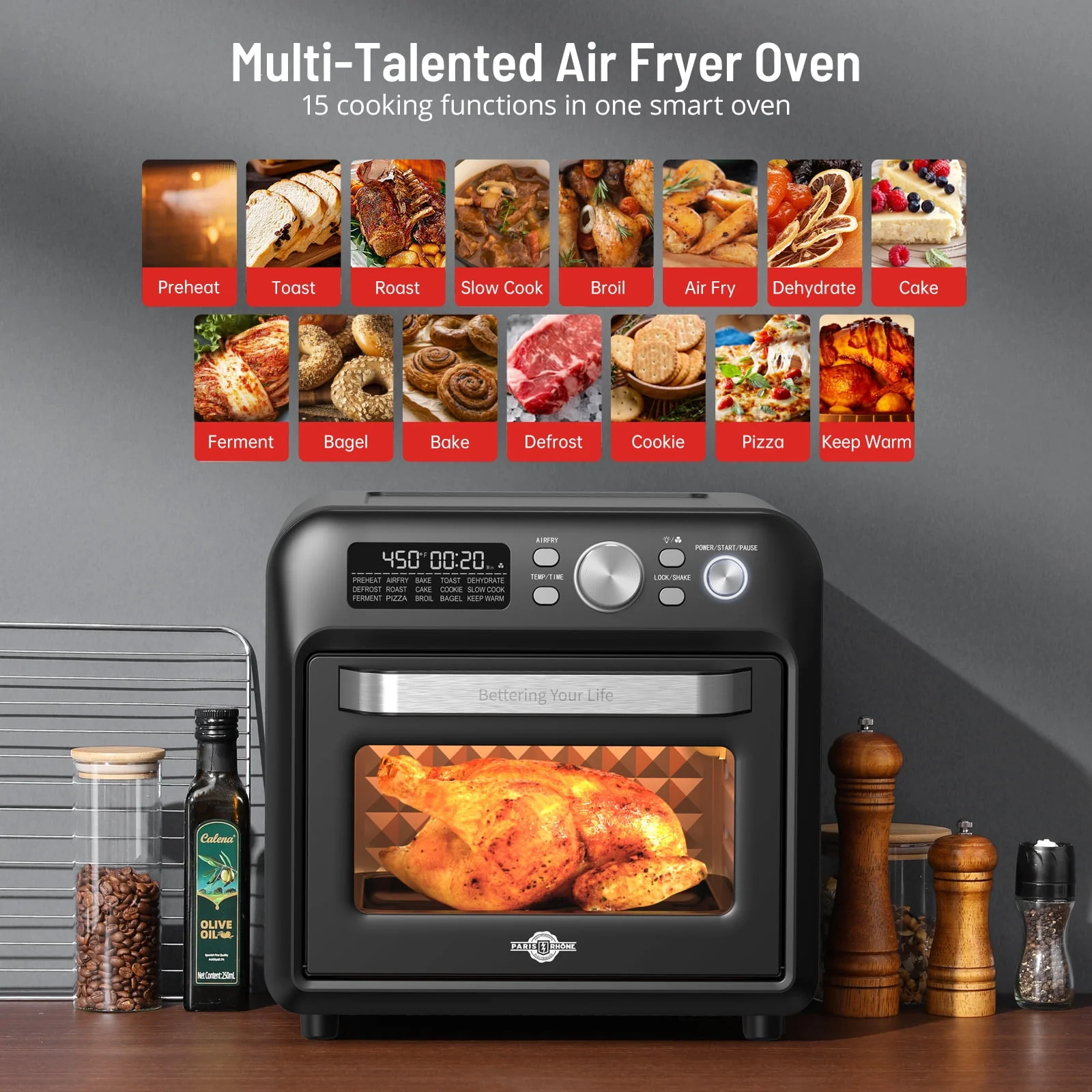 Air Fryer Oven, ParisRhone 15-in-1 19 QT Family-Sized Toaster Oven, Convection Oven with Child Lock, Fits 12-inch Pizza, 6-Slice Toast, Button & Knob-Controlled Kitchen Appliance, Dishwasher Safe