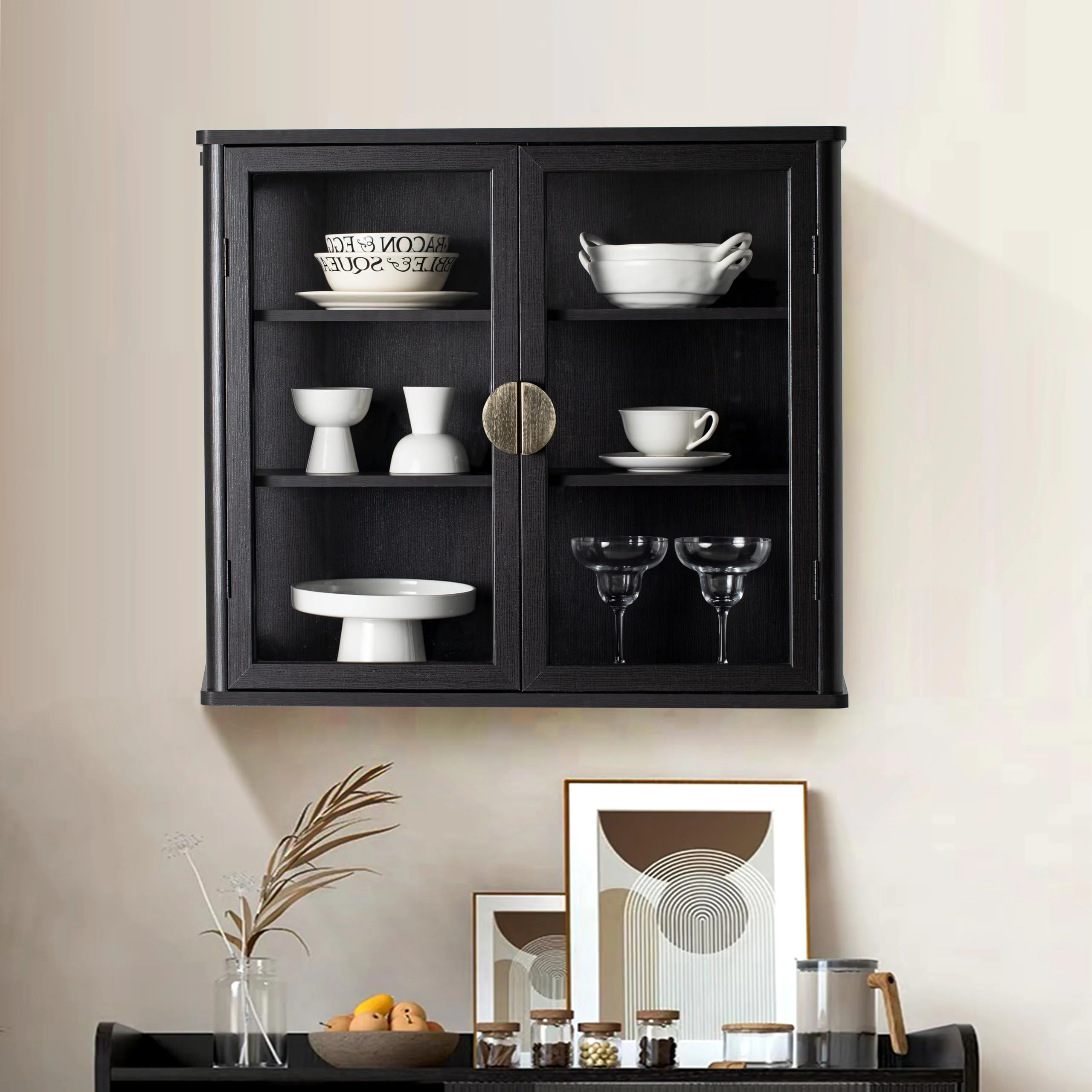 POLIHOME Display Wall Cabinet with Tempered Glass Doors-Storage Cabinet with Adjustable Shelves