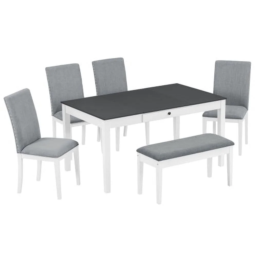 Harper & Bright Designs 6 Pieces Dining Table Set with Bench for 6, Kitchen Table Set with Storage Drawer and 4 Upholstered Dining Chairs, Dark Brown