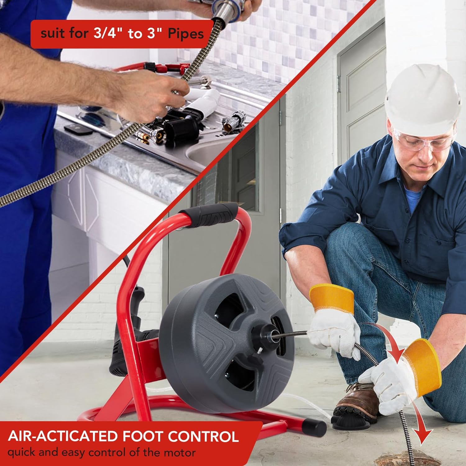 AOILE Drain Cleaning Machine 75Ft x 1/2 in, Electric Drain Auger for 2-4 Inch Pipes with Cutters & Glove