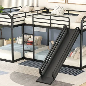 Full and Twin Size L - Shaped Quadruple Metal Bunk Bed with Slide for Kids, Black