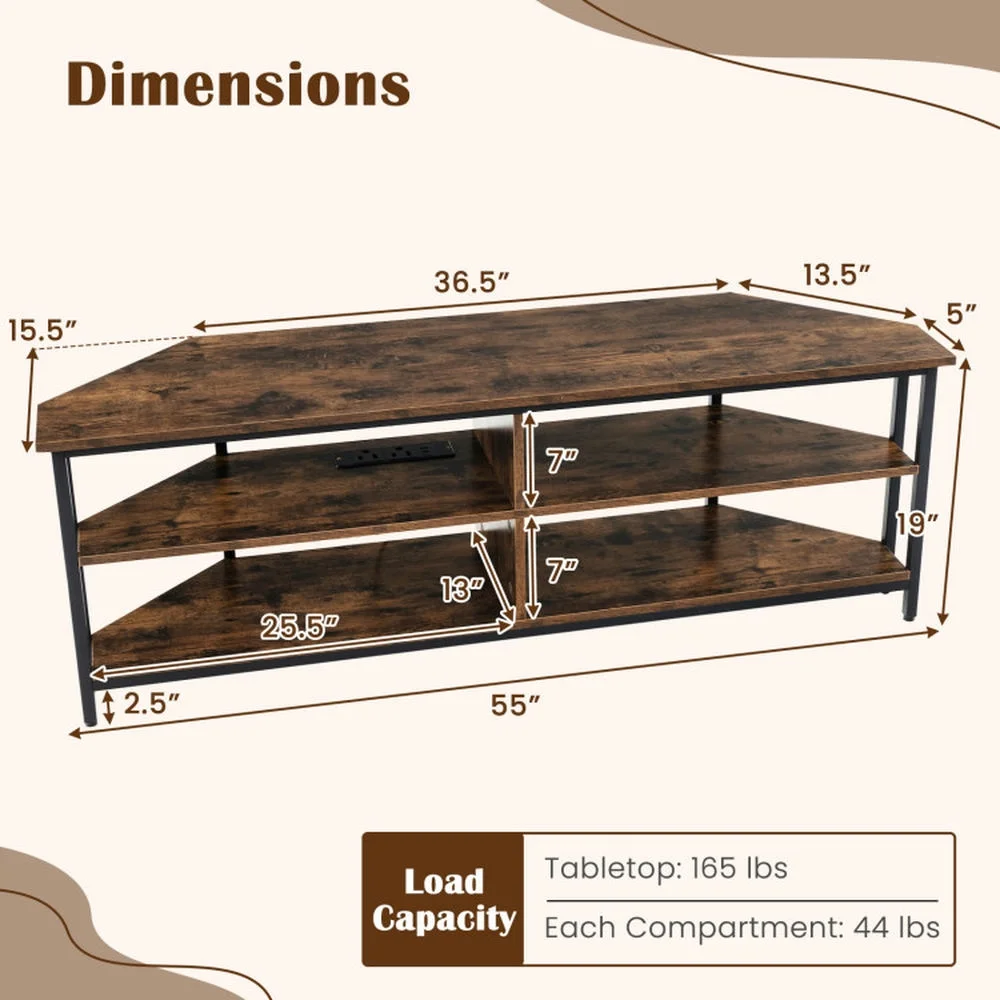 Canddidliike 3-Tier Corner TV Stand for TVs up to 65 Inches with Charging Station- Rustic Brown, Cabinet Media Console with Storage for Living Room Bedroom