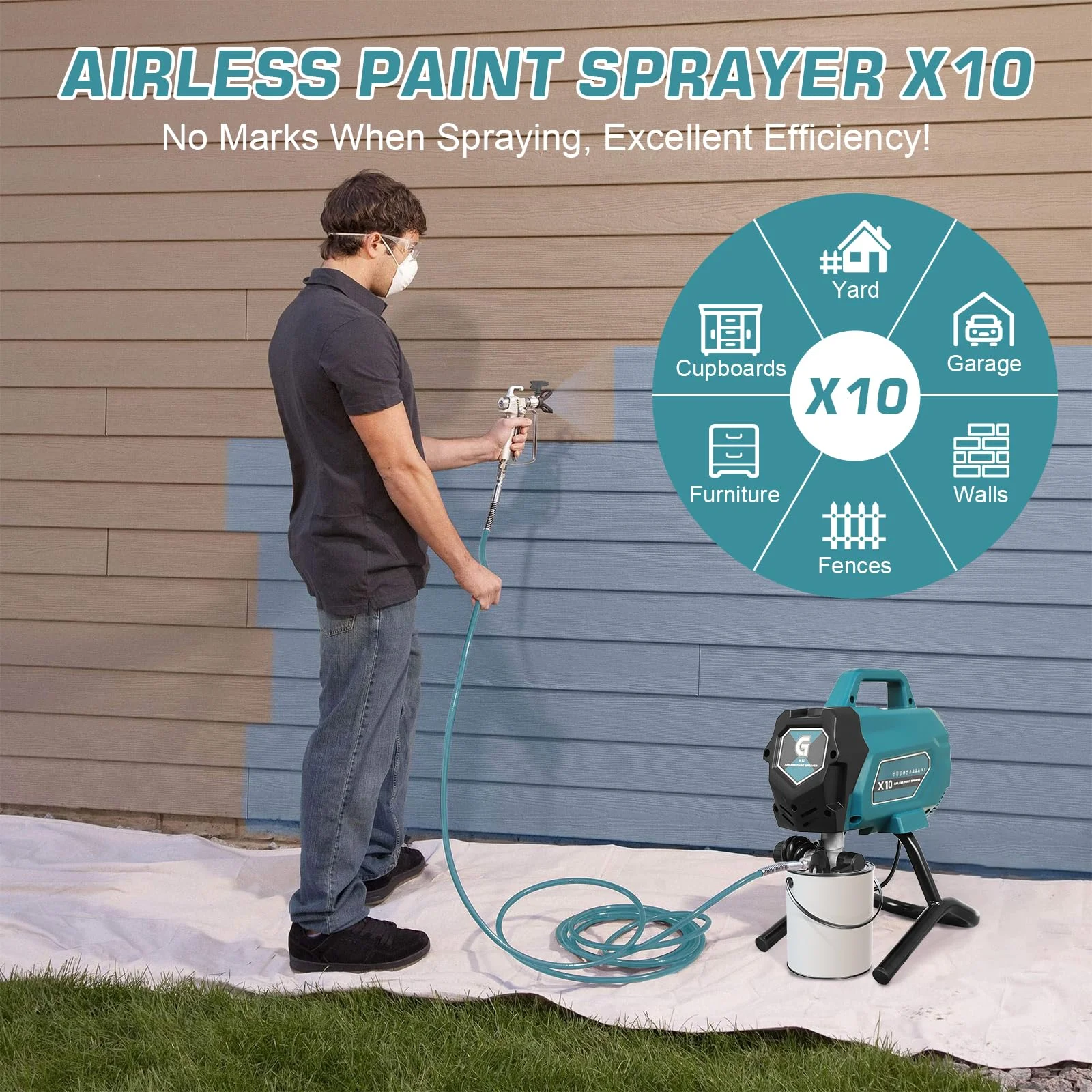 X10 Airless Paint Sprayer, Electric Paint Machine with Extension Pole and Cleaning Kits, 3300 PSI 750W, 0.32GPM Stand Paint Sprayer for DIY Painting Projects Home Interior & House Exterior