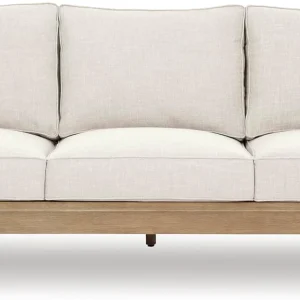Signature Design by Ashley Clare View Coastal Outdoor Patio Eucalyptus Sofa with Cushions, Beige