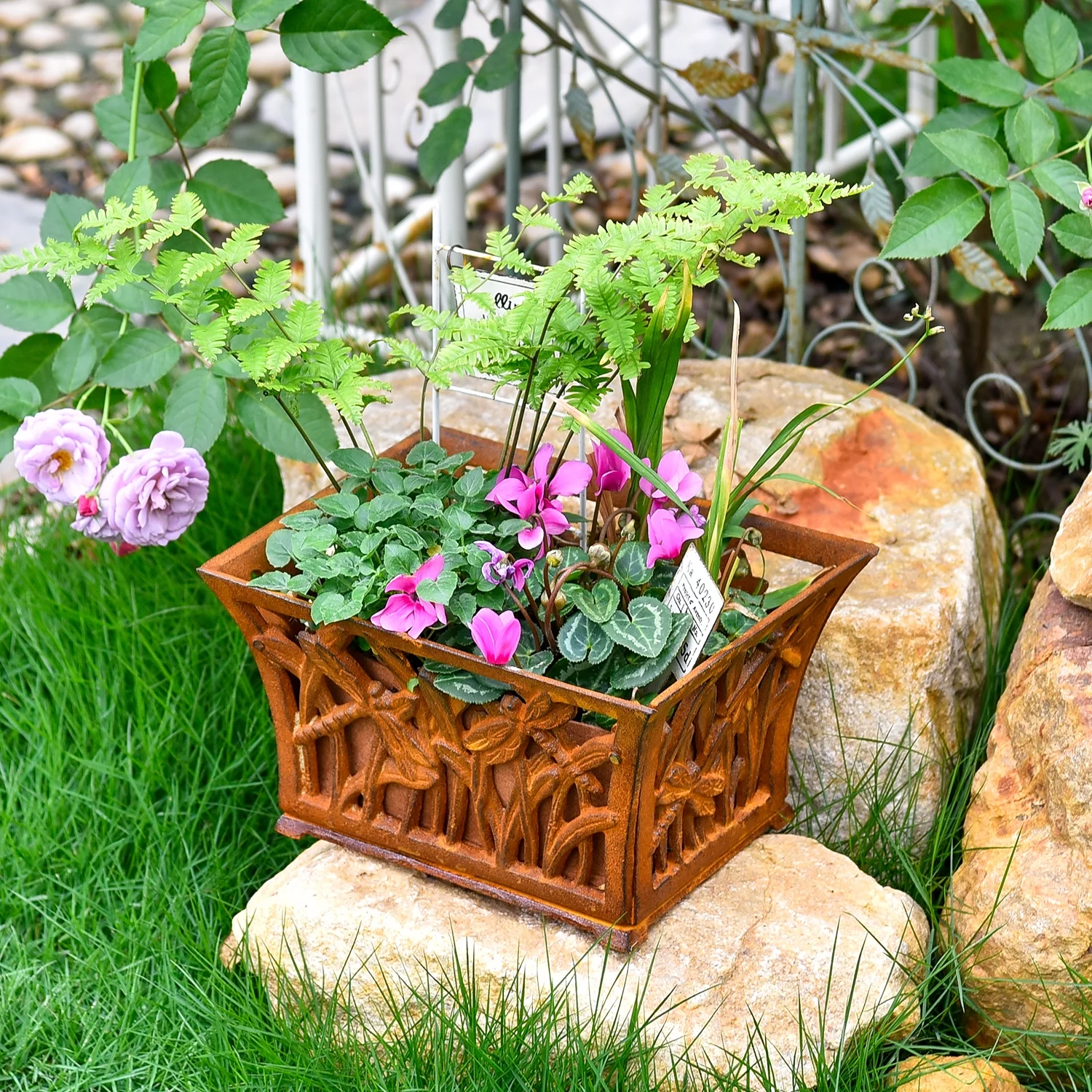 Sungmor Heavy Duty Cast Iron Urn Planter, Beautiful Hollow Trophy Design Tall Orchid Flower Pot, Large Decorative Plastic Flowers Plants Bouquets Vase, Rustic French Country Pot for Home or Garden