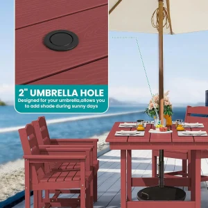 SERWALL 7-Piece Patio Table Set, Outdoor HDPE Dining Furniture with Umbrella Hole, All Weather Table and Chairs for Lawn, Garden, Poolside, Aruba
