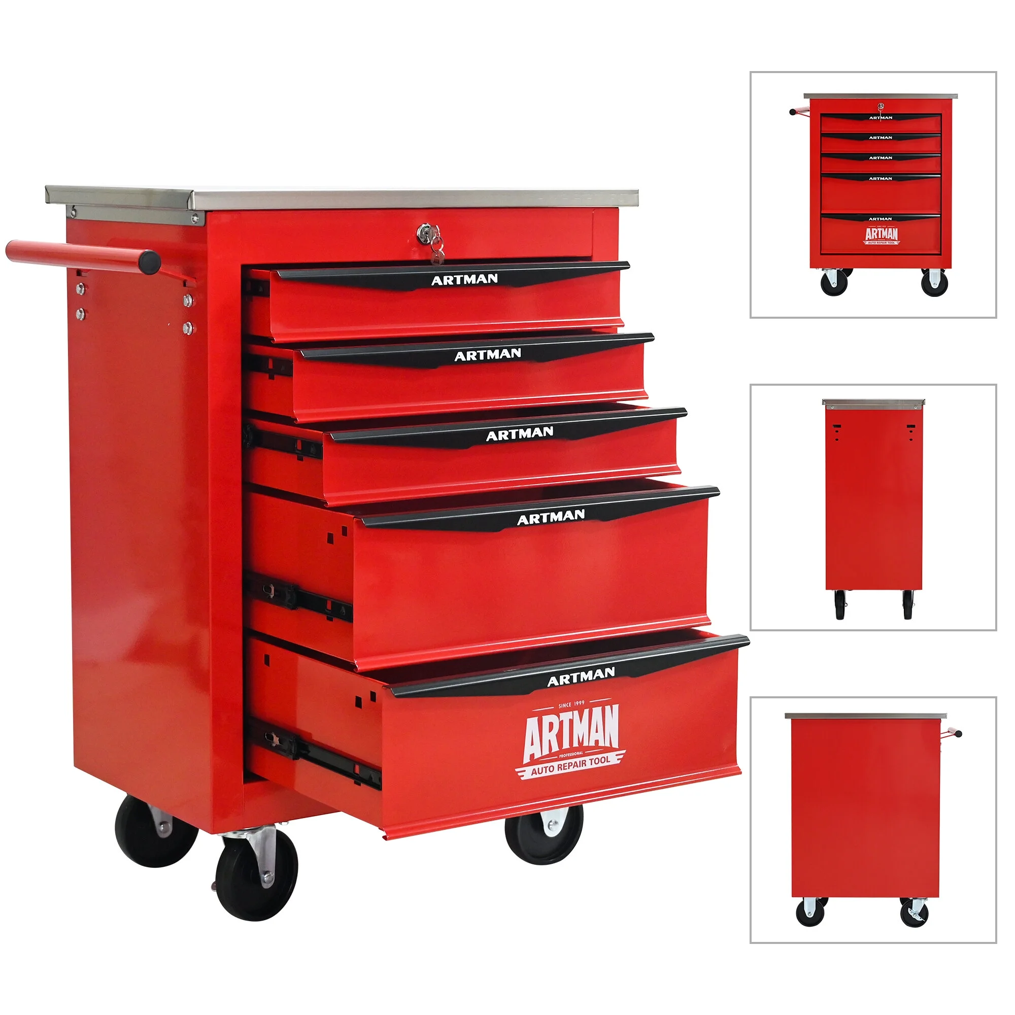 Tool Cabinets 4 Drawers Multifunctional Tool Cart with Wheels,Metal Rolling Tool Cart Storage for Garage Workshop Warehouse Repair Shop--With Stainless Steel Roof- Red&Black,Garage Tool Cabinets