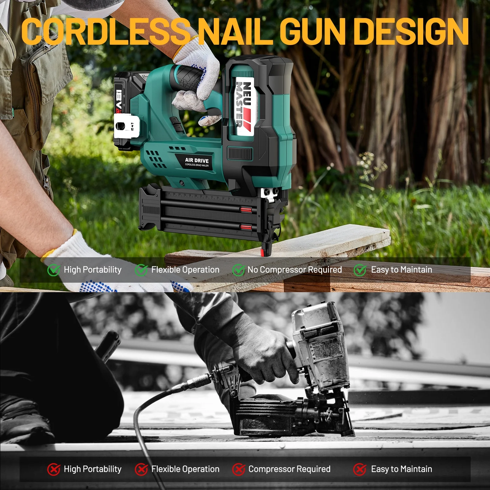 NEU MASTER Cordless Brad Nailer , 18GA 2-Inch Battery-Powered Nail Gun with Depth Adjustment | Includes 20V Battery, Charger, 1800pcs Nails & Storage Case , Ideal for Trim, Molding, Woodwork & DIY Up
