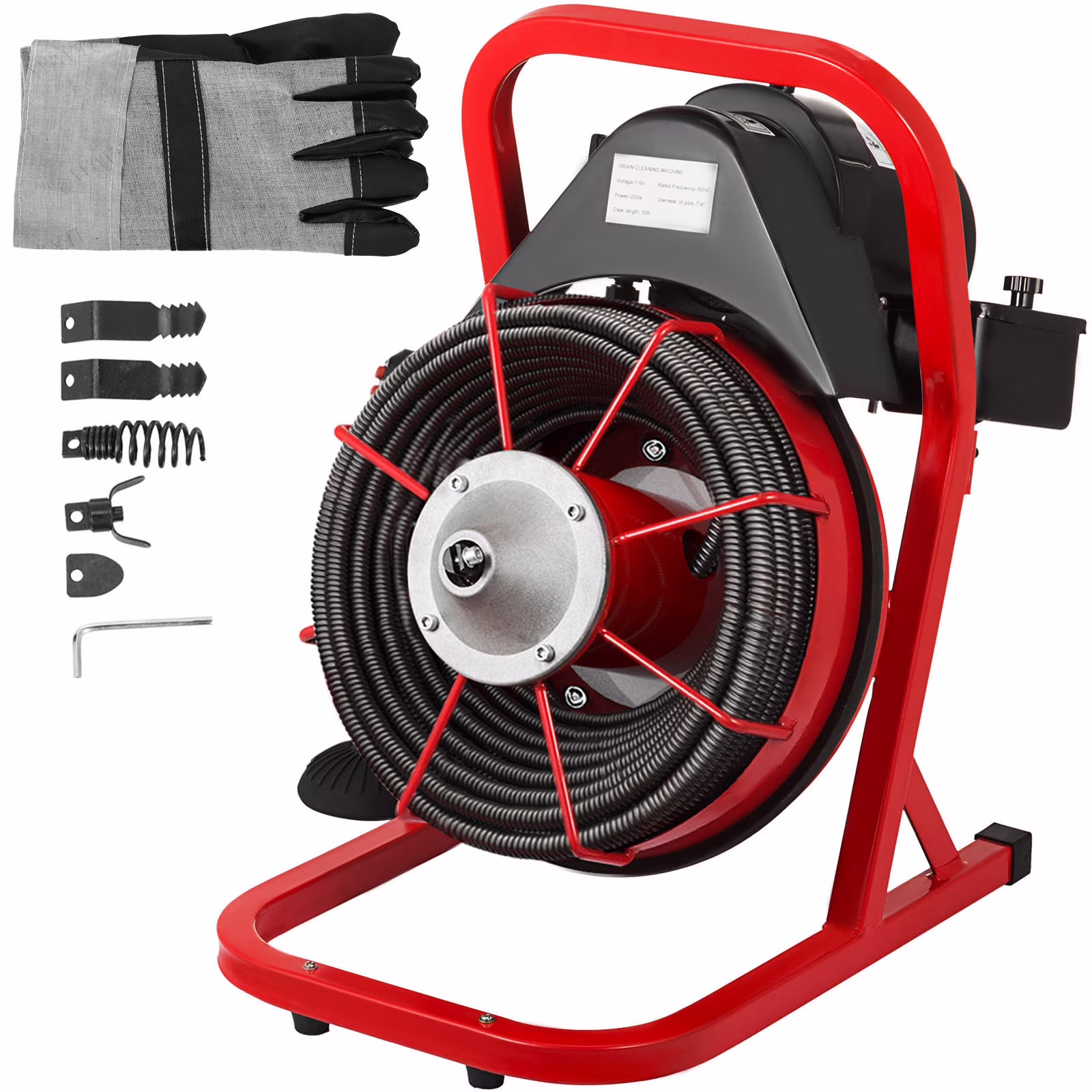 KFFKFF 50 Ft x 1/2 Inch Drain Cleaner Machine fit 1 Inch (25mm) to 4 Inch(100mm) Pipes Drain Cleaning Machine Portable Electric Drain Auger with Cutters Glove Drain Auger Cleaner Sewer Snake