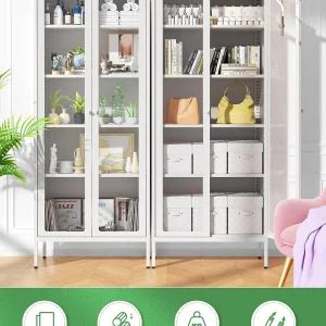 SUNCROWN Metal Storage Cabinet, Curio Display Cabinet with 2 Glass Display Door and 4 Shelves, Side Storage Organize, Modern Bookshelf Cabinet for livingroom, Bedroom, Kitchen, Black