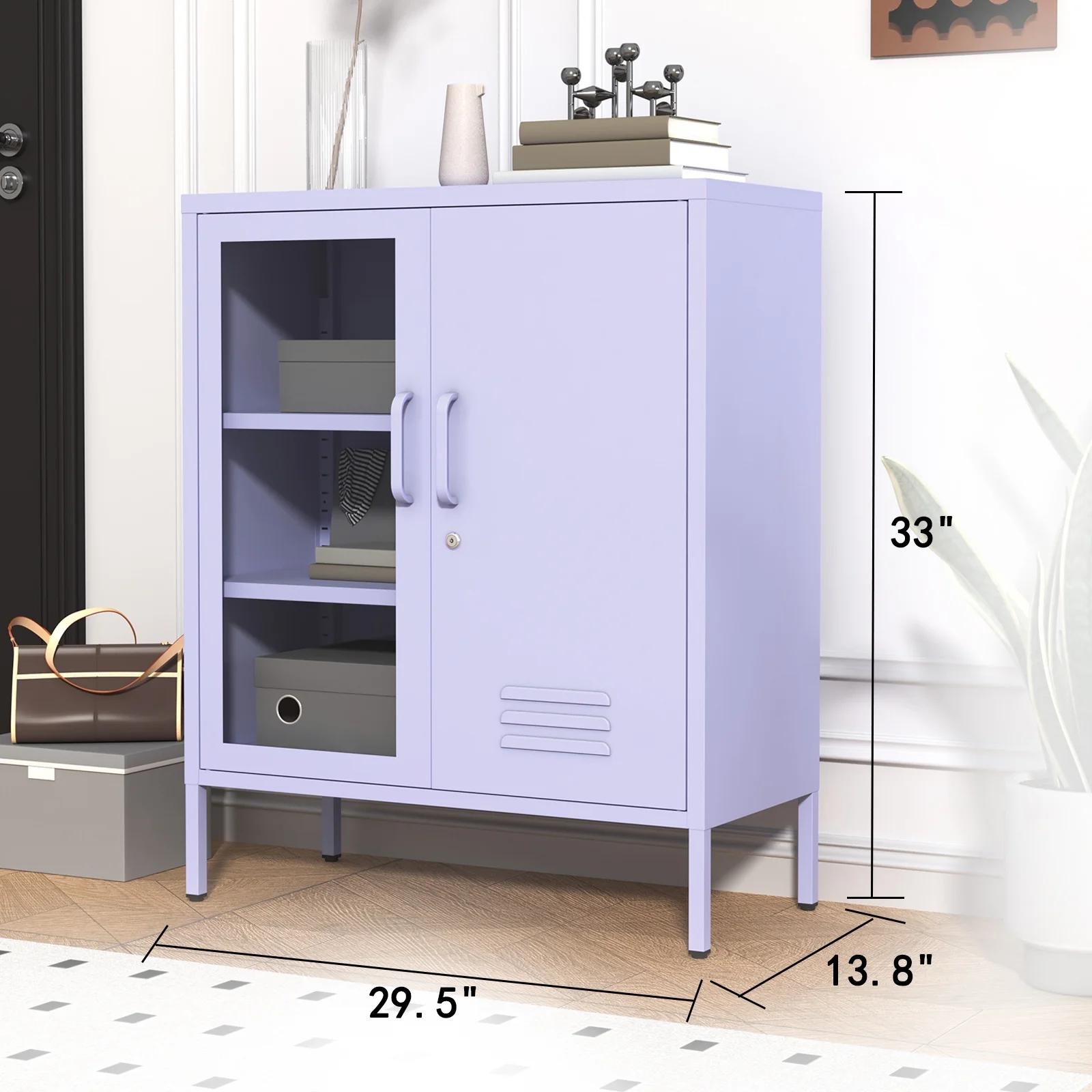33 Inch Glass And Metal Storage Cabinet Adjustable Shelves 2 Door Lockable Lockers 3 Layer Multipurpose Lockers Laundry Room Or Utility Room Cabinet Home Purple Size- 33"H X 29.5"W X 13.8"D