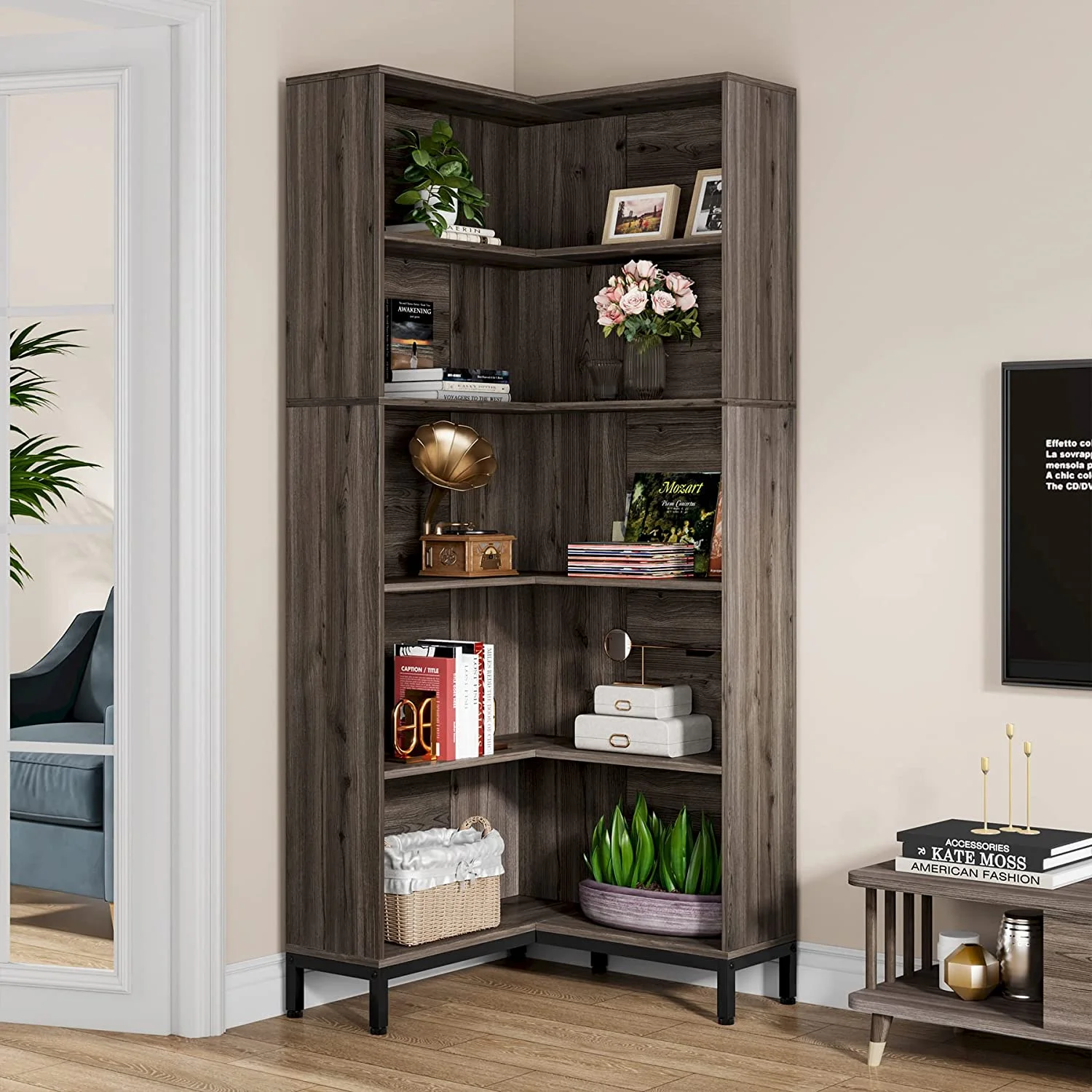 Tribesigns 71" L-Shaped Bookcase, 6-Tier Corner Bookshelf, Industrial Storage Display Rack, Grey