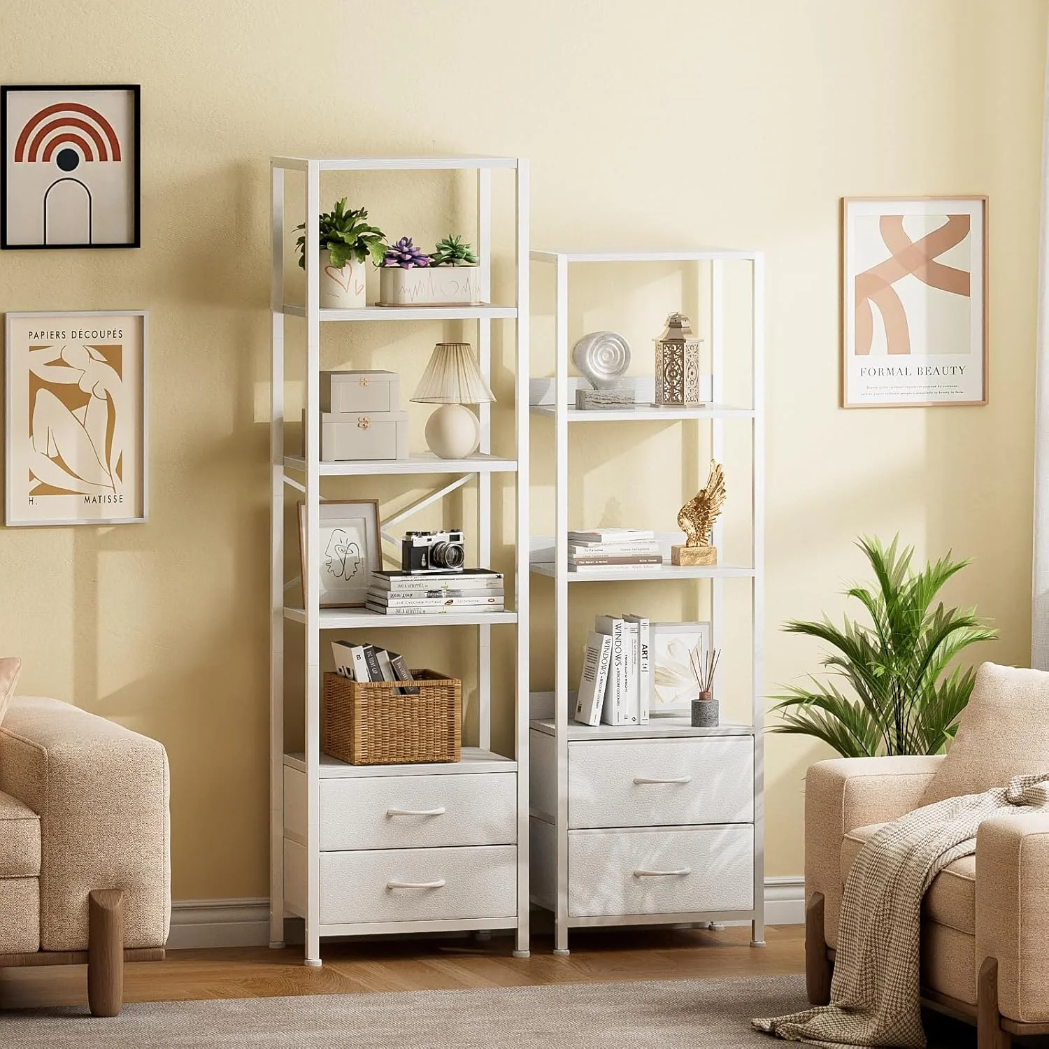 5-Tier Corner Shelf, Narrow Bookshelf with 2 Storage Drawers, Tall Bookcase, Wood Display Standing Shelf Organizer Unit for Living Room, Bedroom, Metal Frame(White)