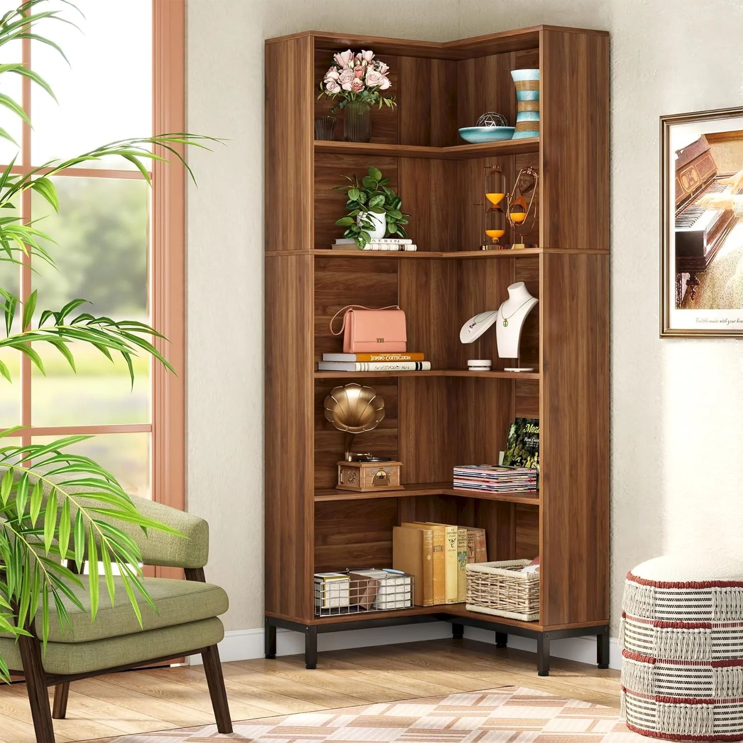 Tribesigns 71" L-Shaped Bookcase, 6-Tier Corner Bookshelf, Industrial Storage Display Rack, Grey