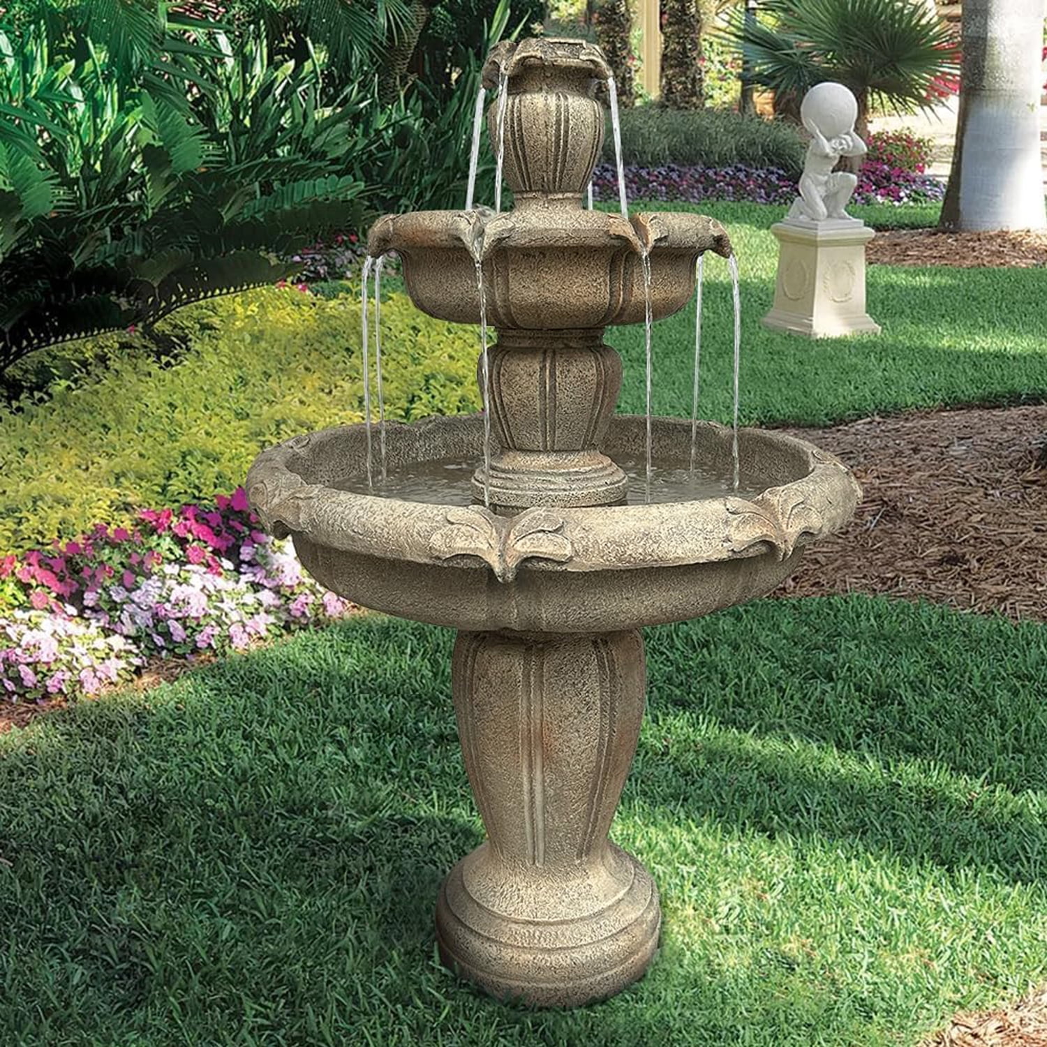 48-?H Outdoor Floor Water Fountain, 3-Tiers Concrete Water Fountain with Submersible Electric Pump - Garden Cascading Waterfall for Yard Patio Lawn Home Decor