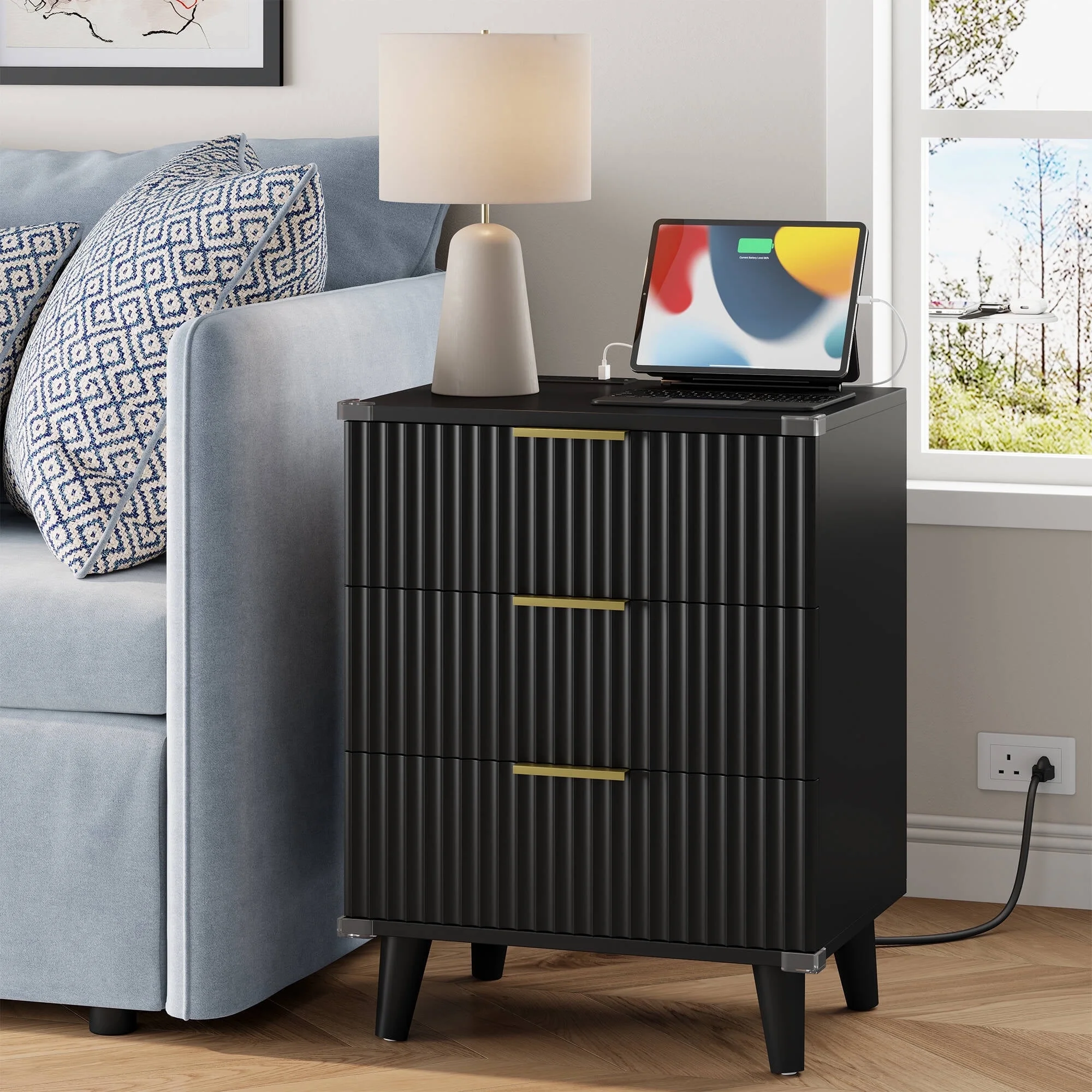 Laintene 3-Piece Boho Bedroom Set - 6-Drawer Dresser & 2 Nightstands with 3 Drawers & USB Charging, Fluted Wooden Storage, Modern Dresser & Nightstand Combo, Natural